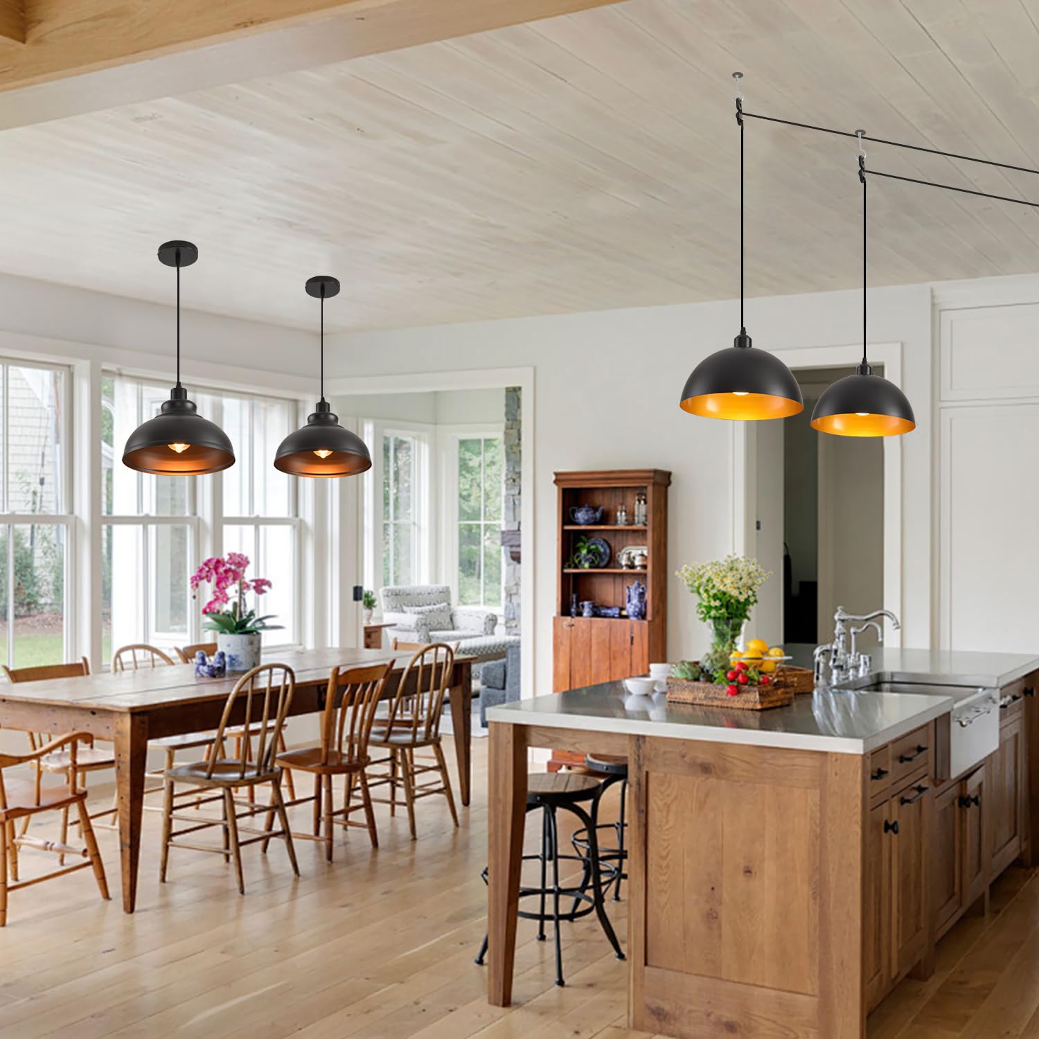 Pendant Lighting Vintage Industrial Fixtures, Farmhouse Pendant Lamp, Hanging Light Fixtures With Metal Shade (Black Inside), In