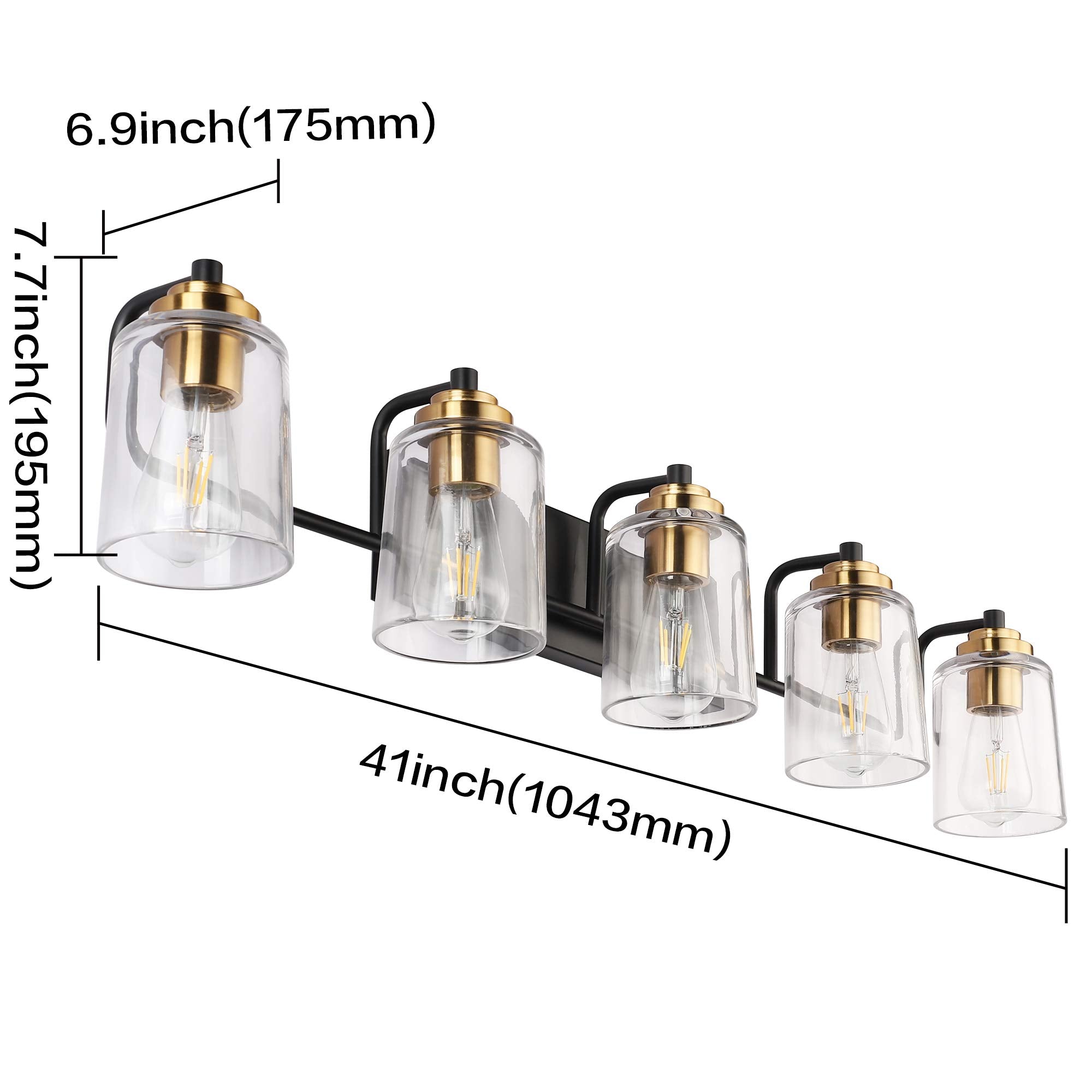 Solfart Vintage Vanity Lights For Bathroom 5 Light Bathroom Vanity Light Black Metal With Clear Glass Brass Fixtures Wall Mount