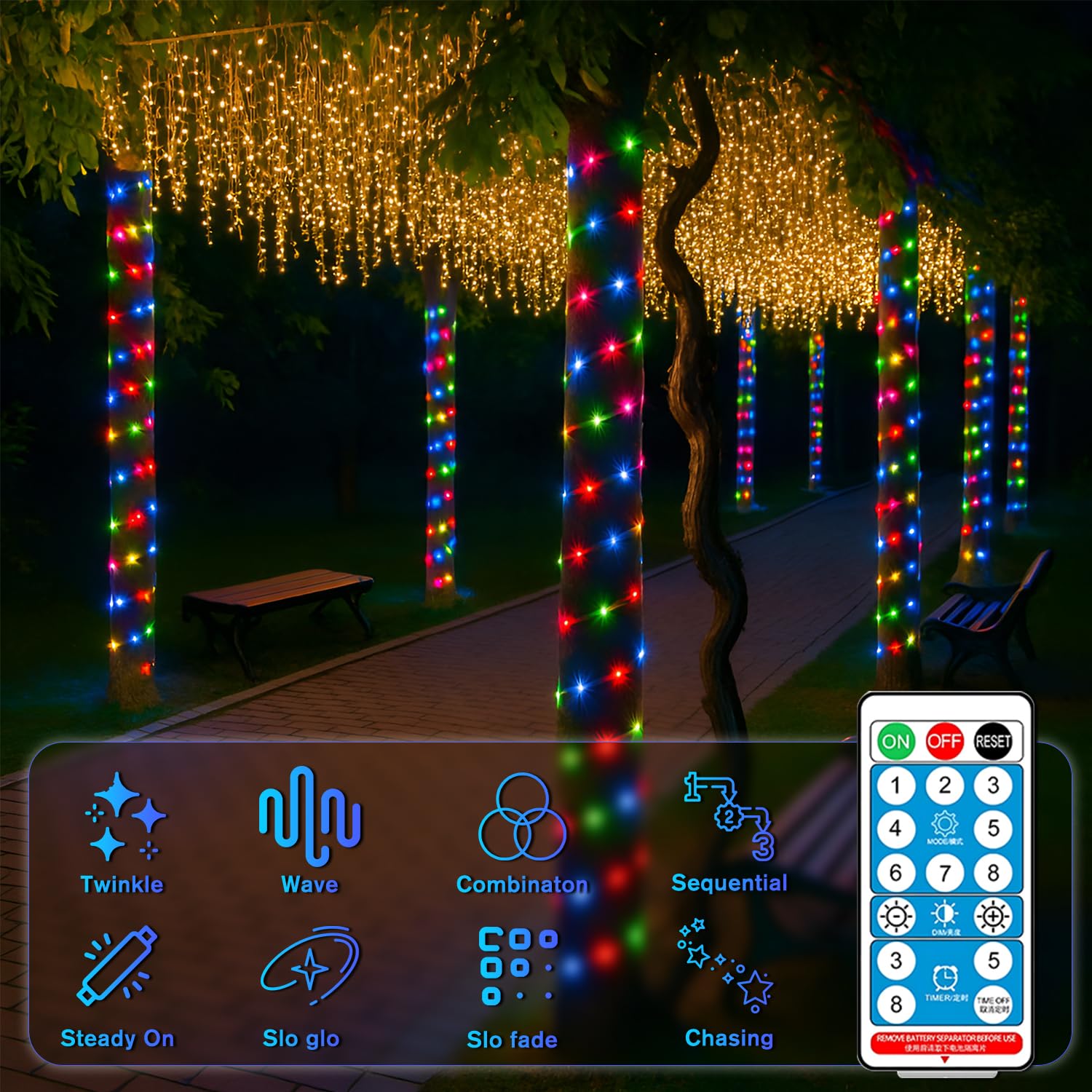 ANJAYLIA Solar Rope Lights 66FT 200 LED Multicolor Waterproof String Lights with Timer Remote, Model String Lights-5
