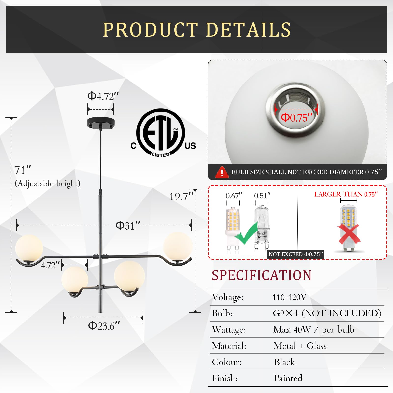 CATINER Black Sputnik Chandelier - Modern 4-Light Ceiling Pendant, Milk Glass Globe Shades, Large L31'', for High Ceilings