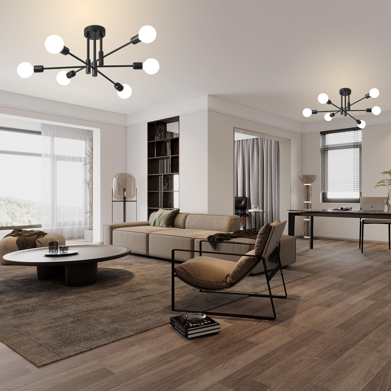 Biewalk 6-Light Sputnik Chandelier, Gold and Black Metal Fixture, 31.18in Mid Century Design for Dining Room, Kitchen Island, Model bie8003