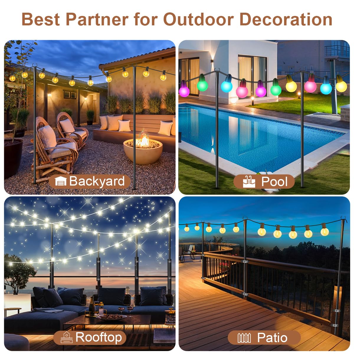 Nexillumi 4 Pack Black Heavy-Duty Metal String Light Poles, 10ft Adjustable Lighting Stands for Outdoor Patio, Garden, Deck Decor