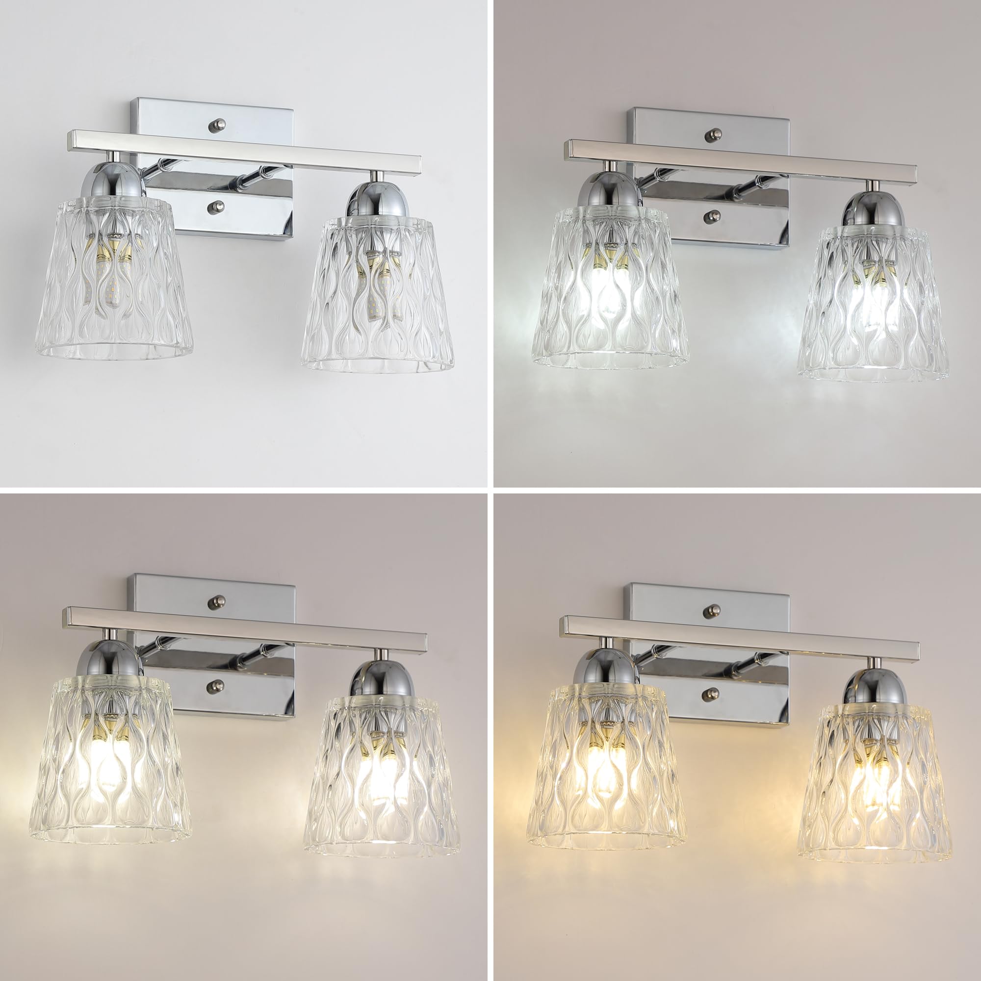 Mecgirn Stainless Steel 2 Light Bathroom Vanity Light, Silver Chrome Bathroom Light Fixtures With Textured Glass Shades, Modern Vanity Lighting Wall Mount Over Mirror
