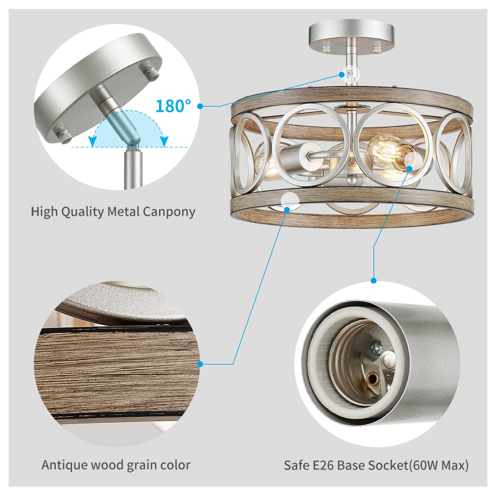 XINGQI Modern 3-Light Ceiling Light Fixture, Brushed Nickel & Wood Grain, Semi Flush Mount for Kitchen, Dining Room, Bedroom
