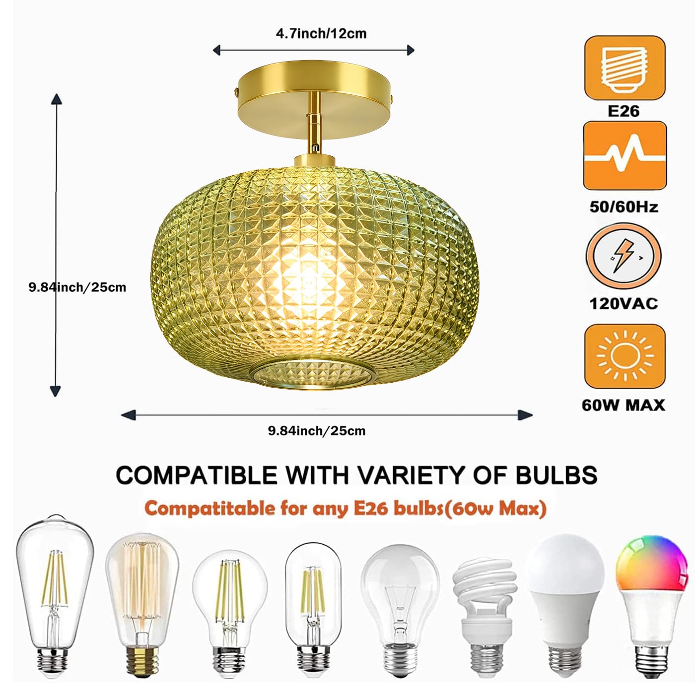 Semi Flush Mount Ceiling Light Fixture Hallway Light Fixtures Vintage Globe Glass Ceiling Fixture With Green Shade Kitchen Ceiling Light Fixture Farmhouse Ceiling Lighting For Bathroom Entryway Porch