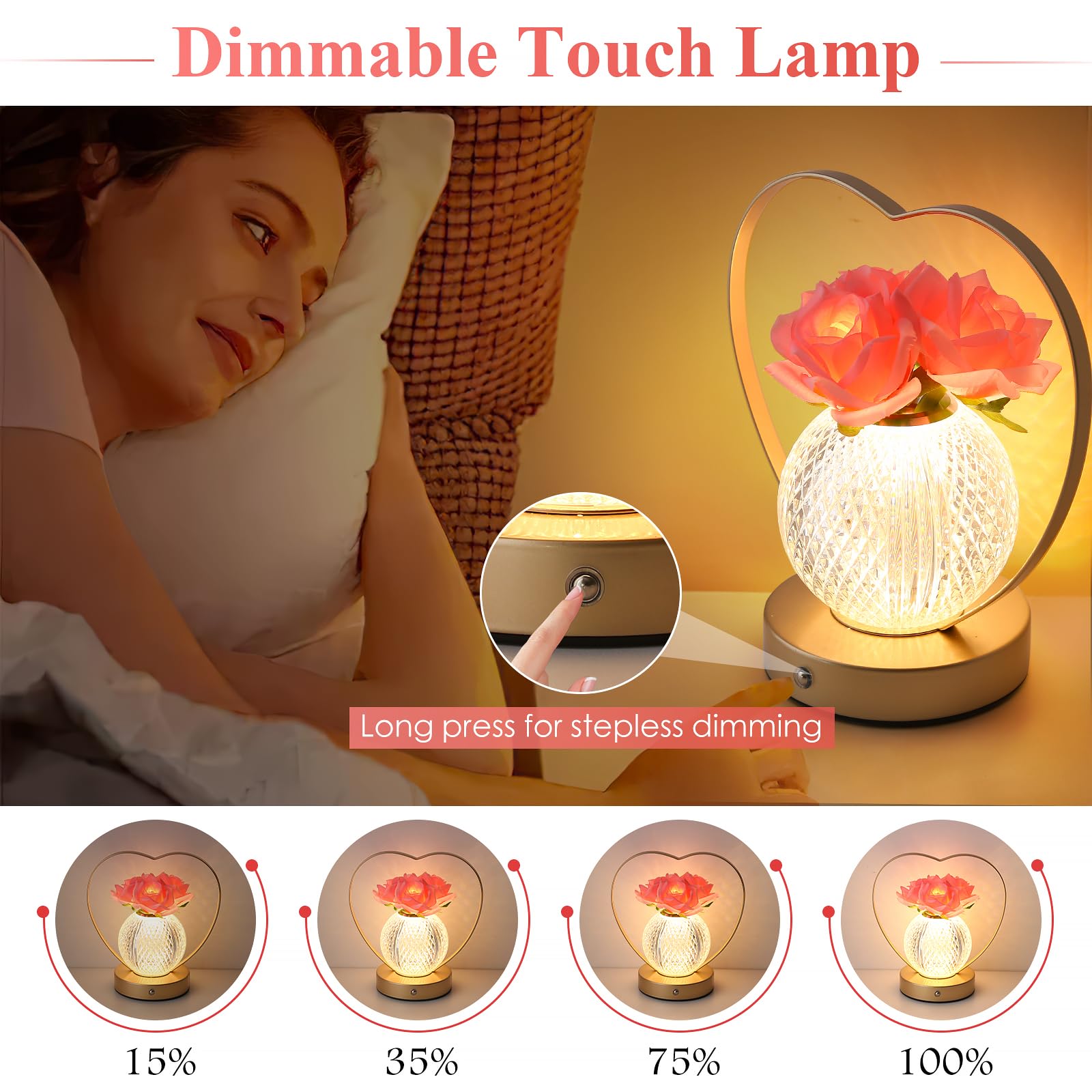 Amwgimi Rose Flower Lamp,Birthday Gifts For Women,Rechargeable Cordless Led Touch Lamps,3-Colour Infinitely Dimming Small Night