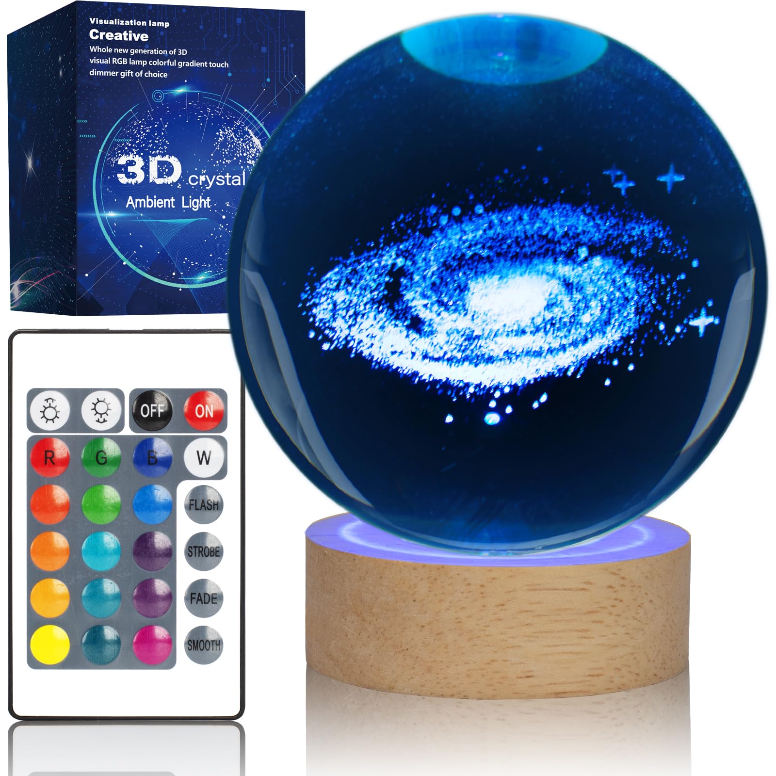 Large 3D Galaxy Crystal Ball Night Light, Planet Crystal Ball Lamp For Kids With Wooden Led Base, Crystal Lamp 16 Color Changing Light With Remote Control Galaxy Lamp For Bedroom Decor