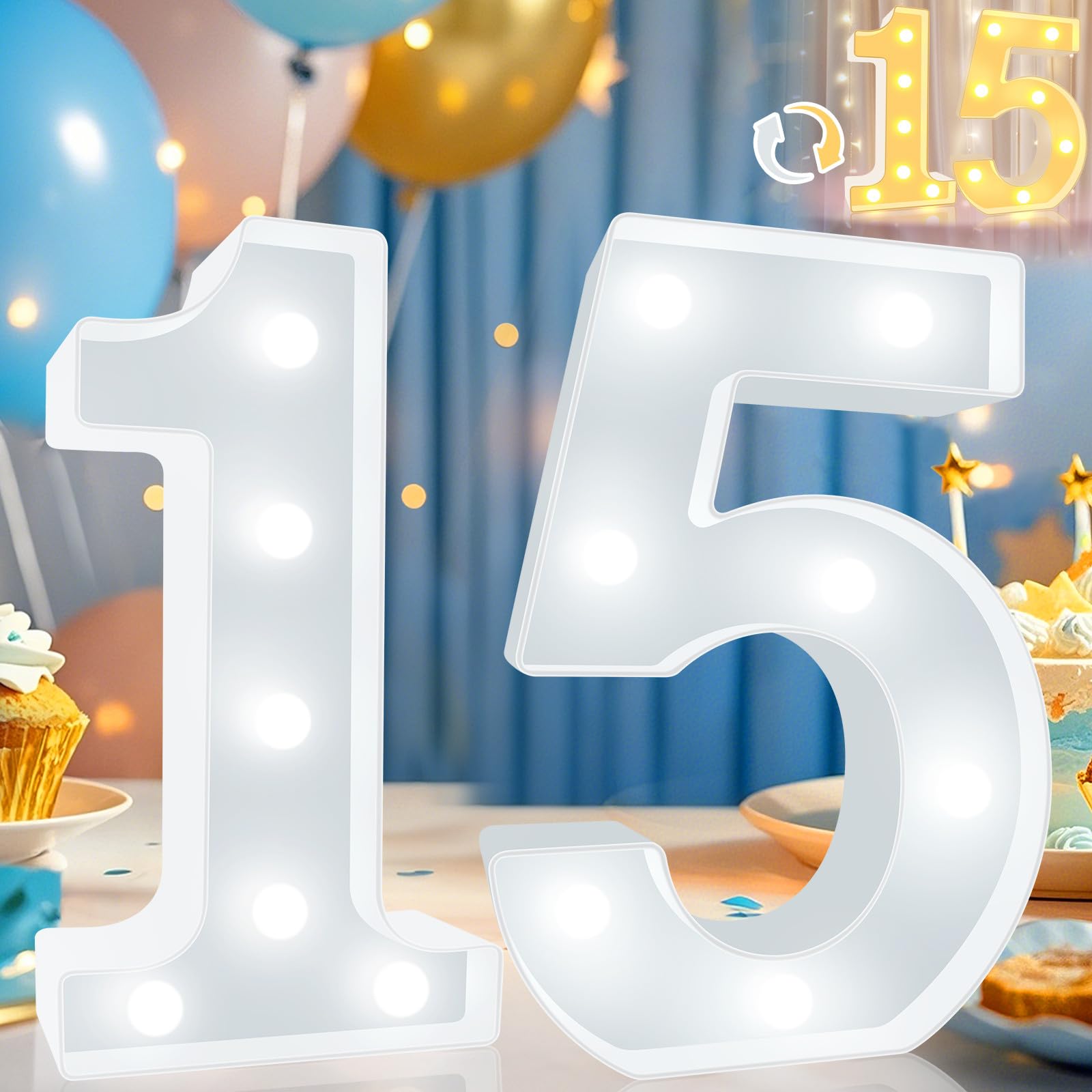 Pooqla LED Marquee Number Sign 15, Warm & Cool White, Plastic, for Birthday & Anniversary Decorations
