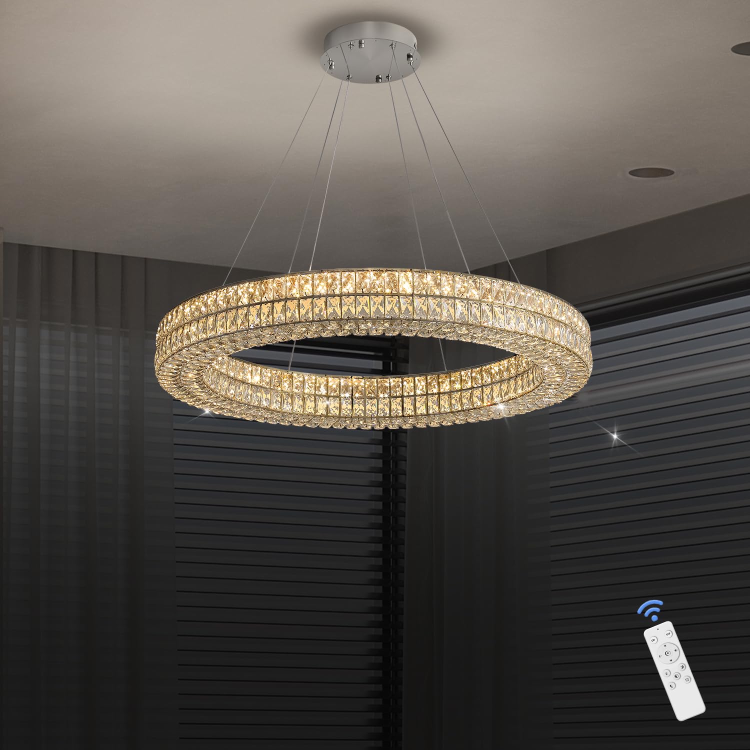 IDEQUY Modern Crystal Chandelier Pendant Light, 32" Adjustable Dimmable, Silver Stainless Steel & Crystal, Model CF8024-80Y