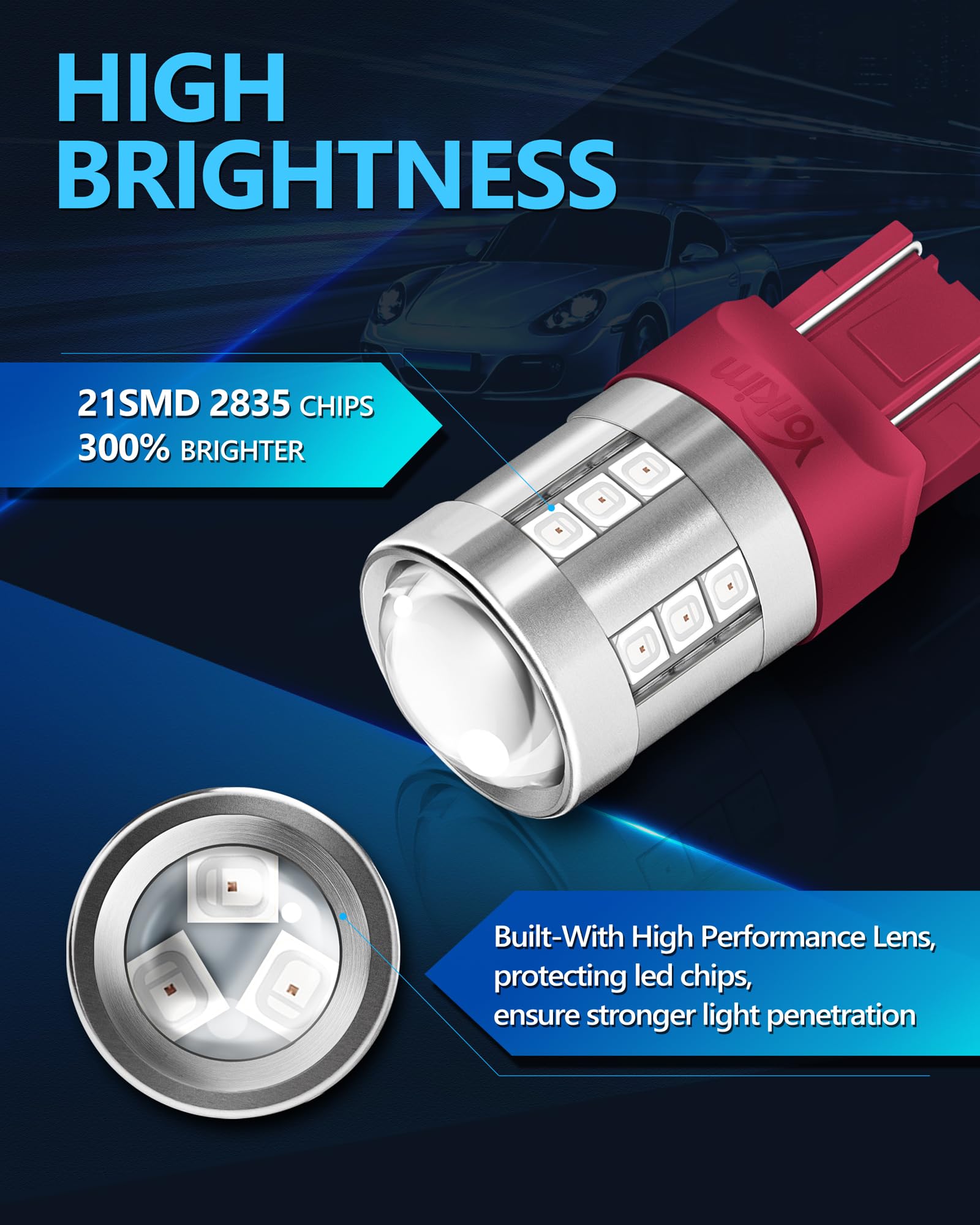 Yorkim 7443 LED Bulb Red, High Bright Projector T20 W21W Replacement Lamp for Brake Lights, 7440-3160, Pack of 2