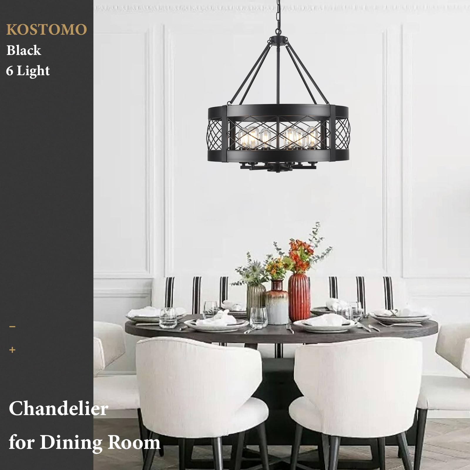 Kostomo Black Chandelier 6-Light Adjustable Farmhouse Chandelier Dining Room Light Fixture Kitchen Island Lighting Drum Rustic H