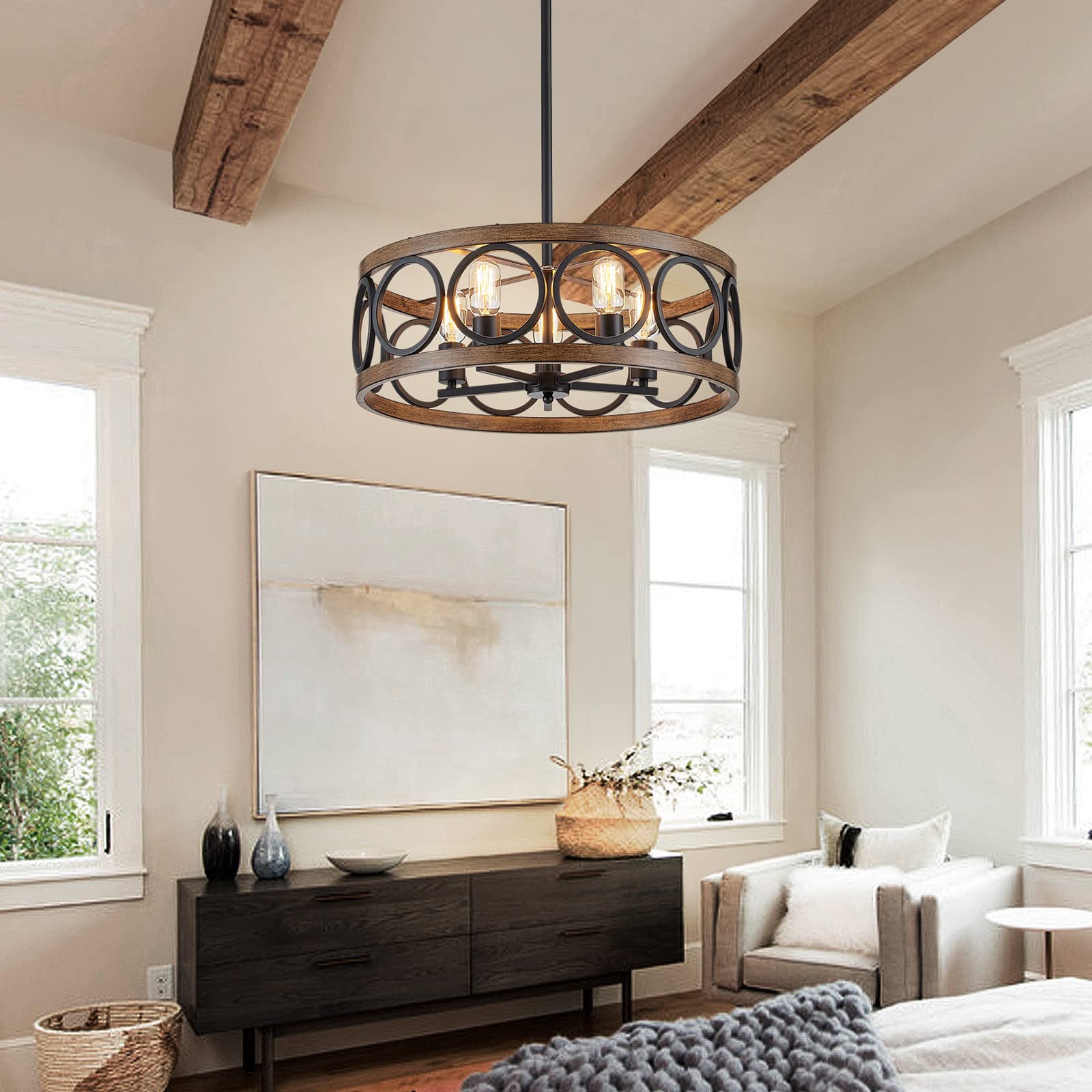 XINGQI 5-Light Black Drum Chandelier - Modern Farmhouse Pendant Light Fixture for Living Room, Kitchen, Office with Wood Grain Finish