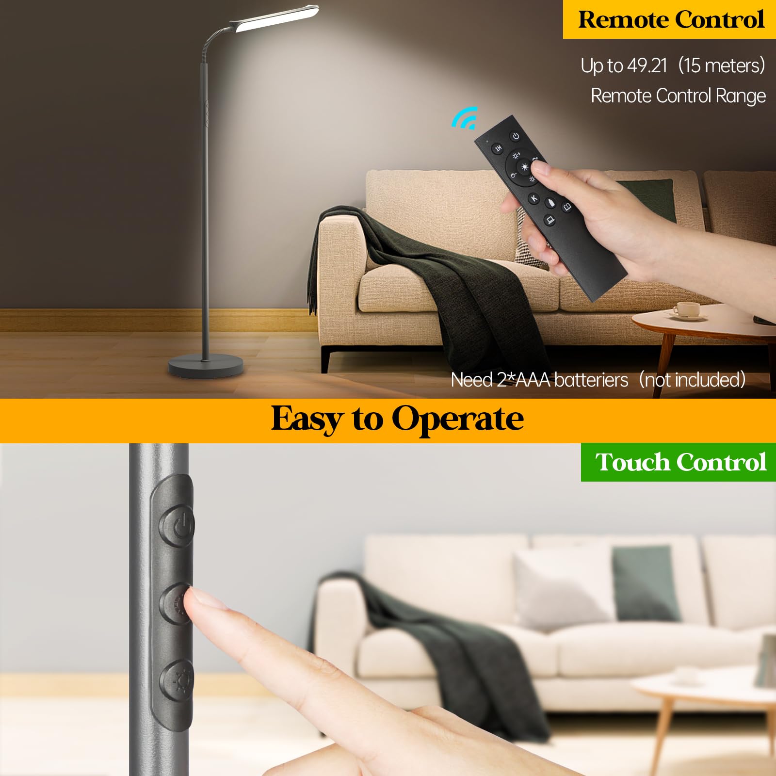 Aisutha LED Floor Lamp, 18W Gooseneck Light with Remote & Touch Control, Gray, Model THFL01101AA-US-F1