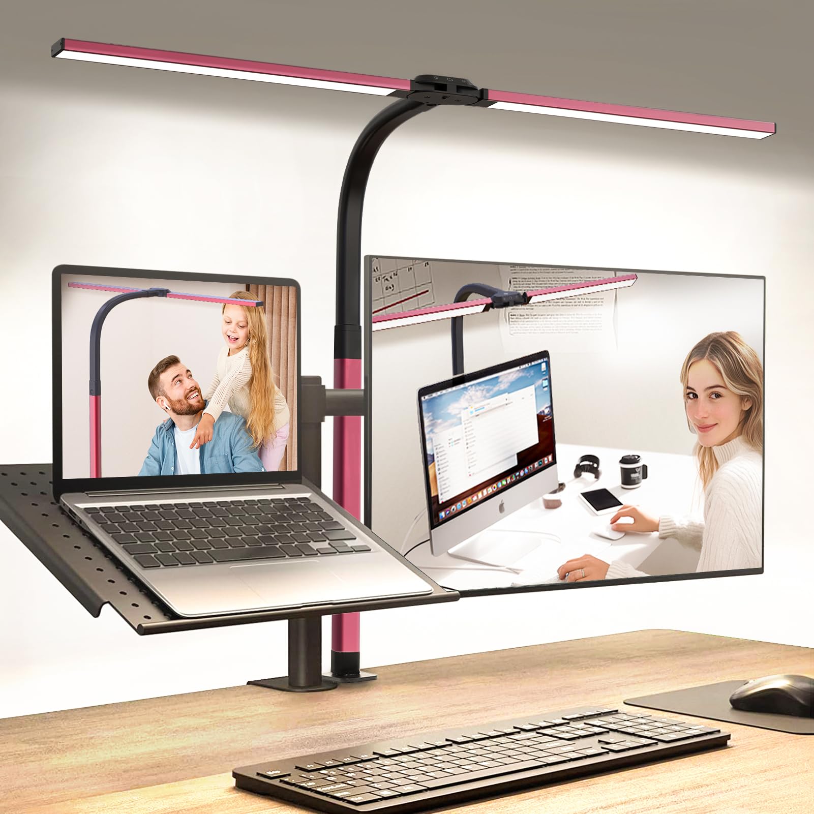 SUNLINKCO LED Desk Lamp, 24W Remote Control, Eye-Caring, Double Head, Flexible Gooseneck, Red, with Clamp
