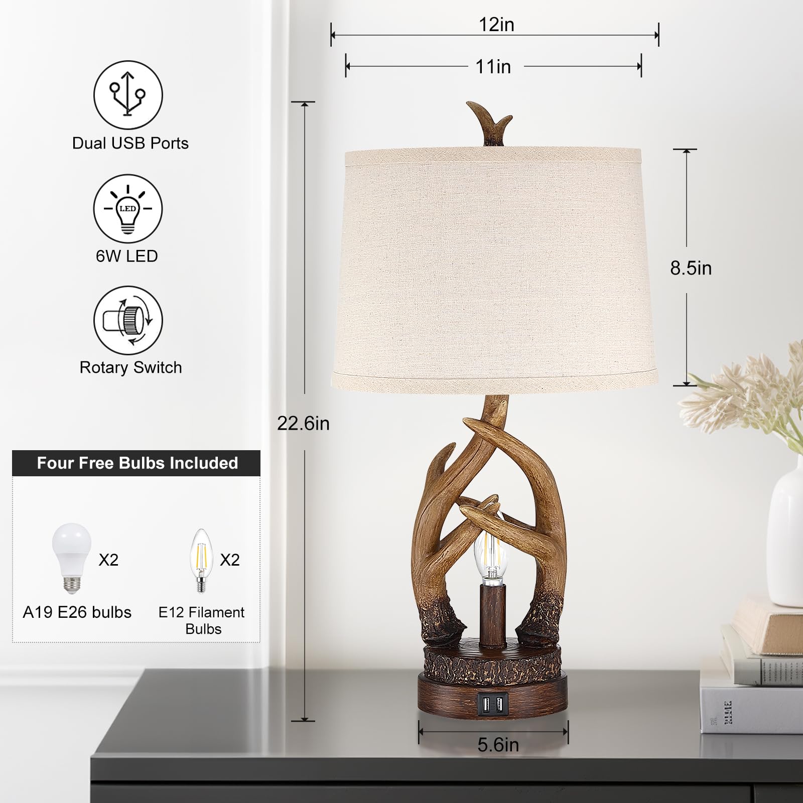 Altgedecor Rustic Table Lamps Farmhouse Antler Lamps Set Of 2 Western Bedside Lamps For Bedroom With Usb Charging Ports Nightlig