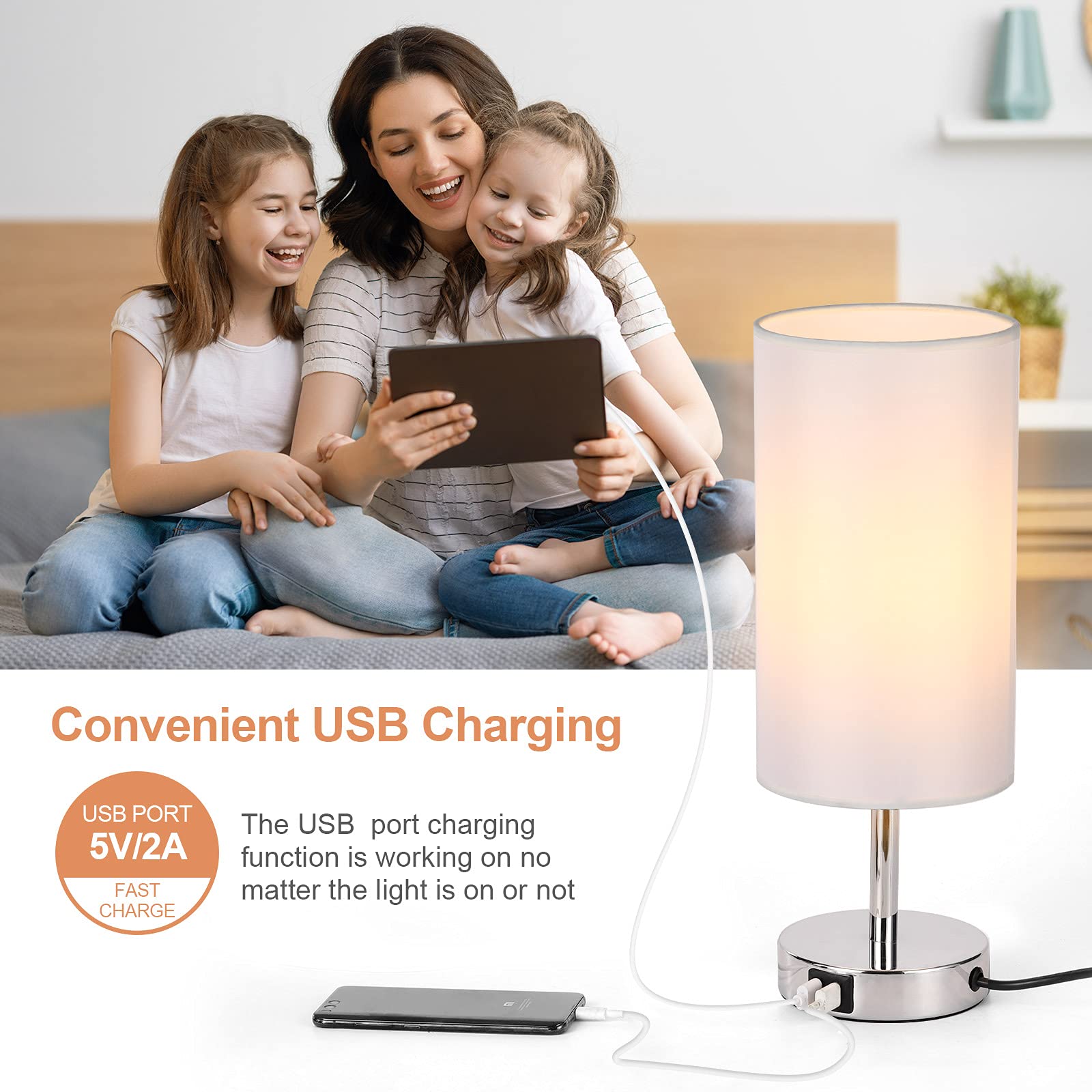 Yarra-Decor Touch Control Bedside Lamp with USB Port, 3-Way Dimmable, White Linen Shade, Ideal for Bedroom, Living Room, Home Office