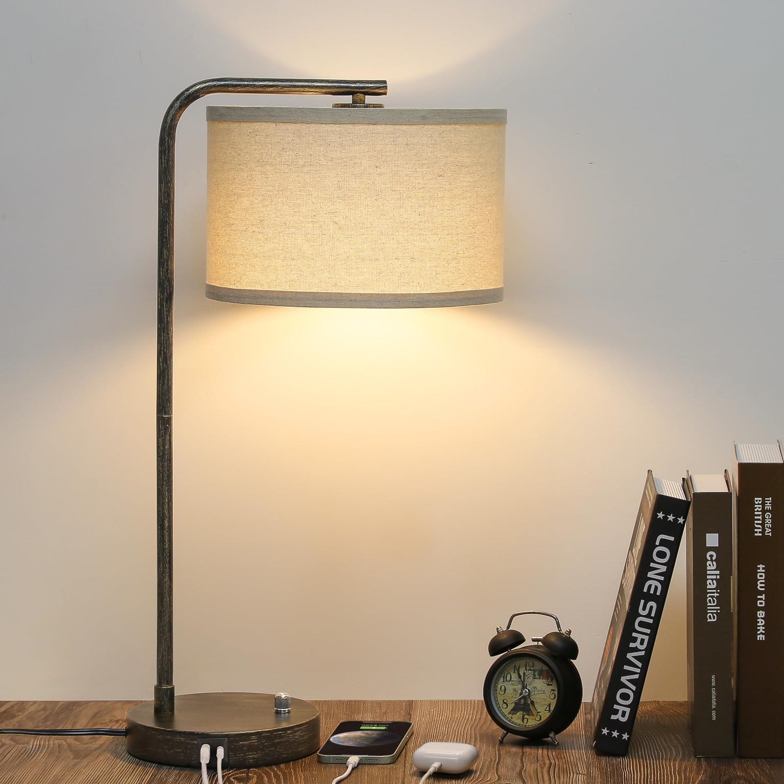 Bedside Table Lamp with USB C+A Charging Ports, Fully Dimmable Industrial Tall Nightstand Reading Desk Lamp for Bedroom, Living 