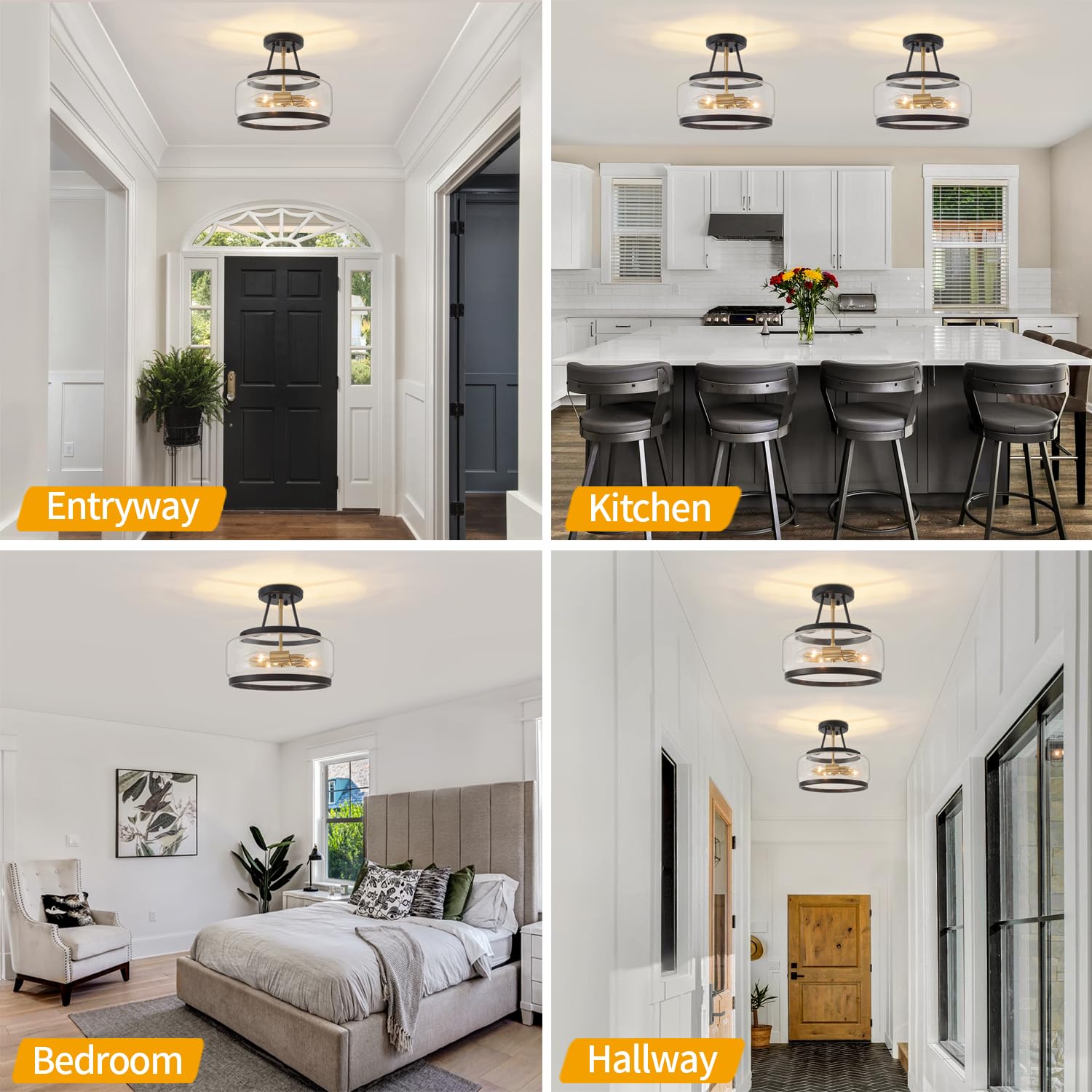 11.81 Black And Brushed Gold Close To Ceiling Light  3-Light Modern Drum Light Fixtures  Hallway Ceiling Lights  Glass Ceiling Lamp For Entryway Bedroom Laundry Kitchen Dining Room Lighting Ul-Listed
