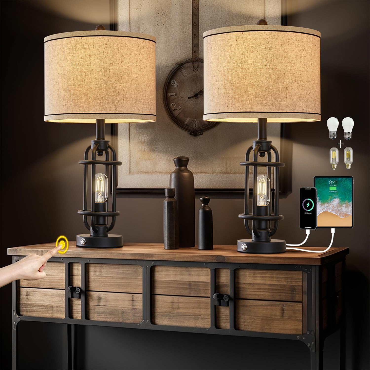 G-Safava 23.75'' Black Metal Table Lamps Set Of 2 With Usb Ports For Living Room & Nightstand