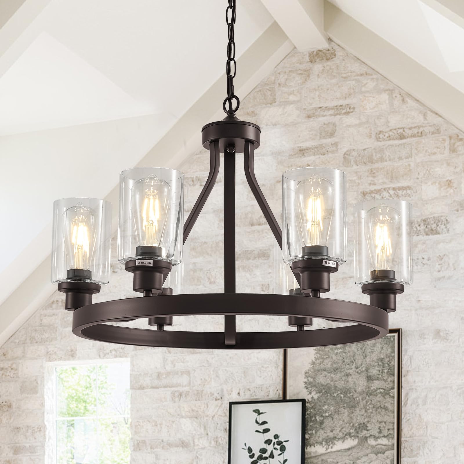 Lanhall 6-Light Chandelier, Oil-Rubbed Bronze, Metal, Adjustable Height, Model 1065, Rustic Glass Globes Lighting for Dining Room