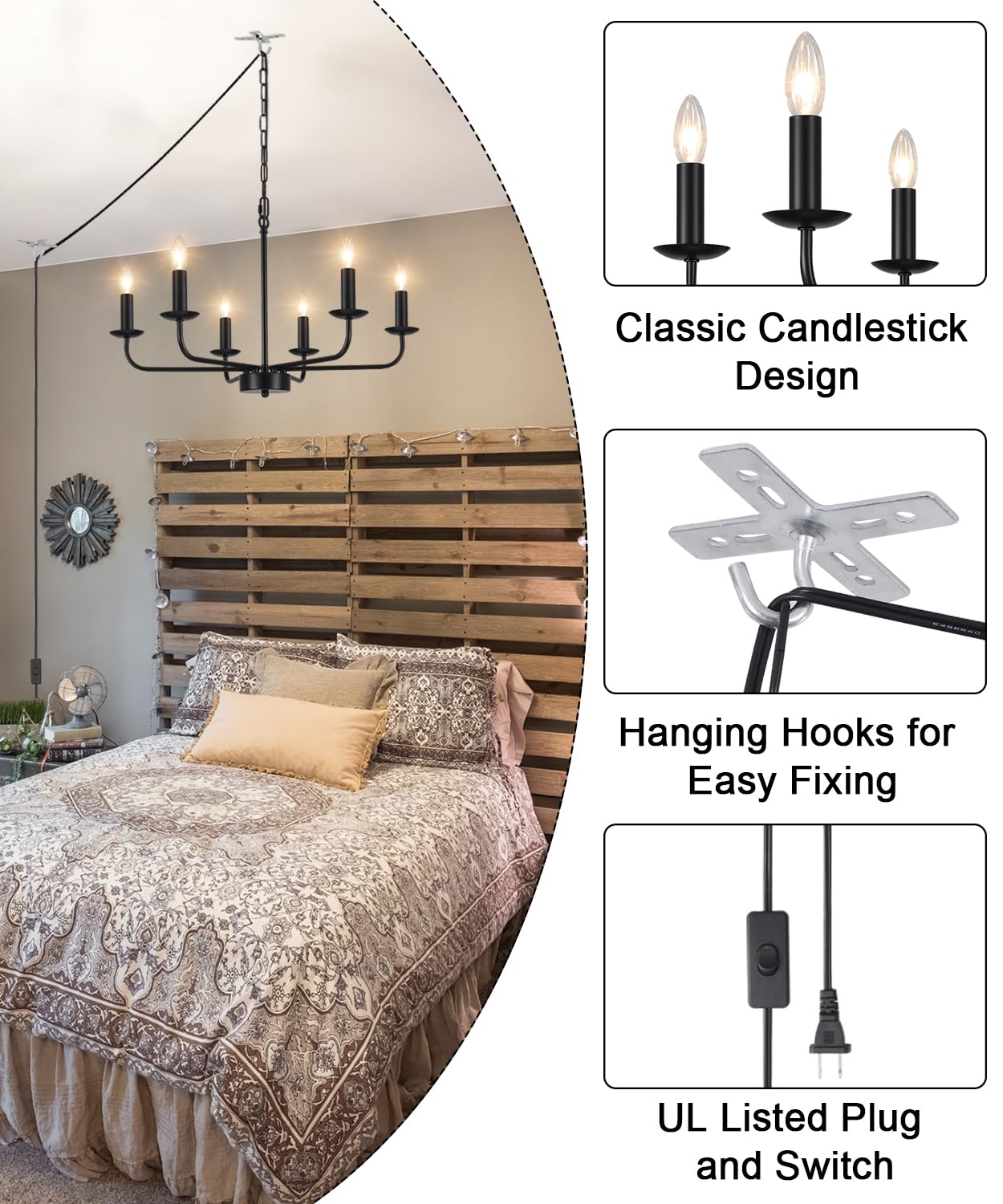 Zemsum 6-Light Plug-In Chandelier With Cord & Switch - Modern Hanging Lamp For Home Decor