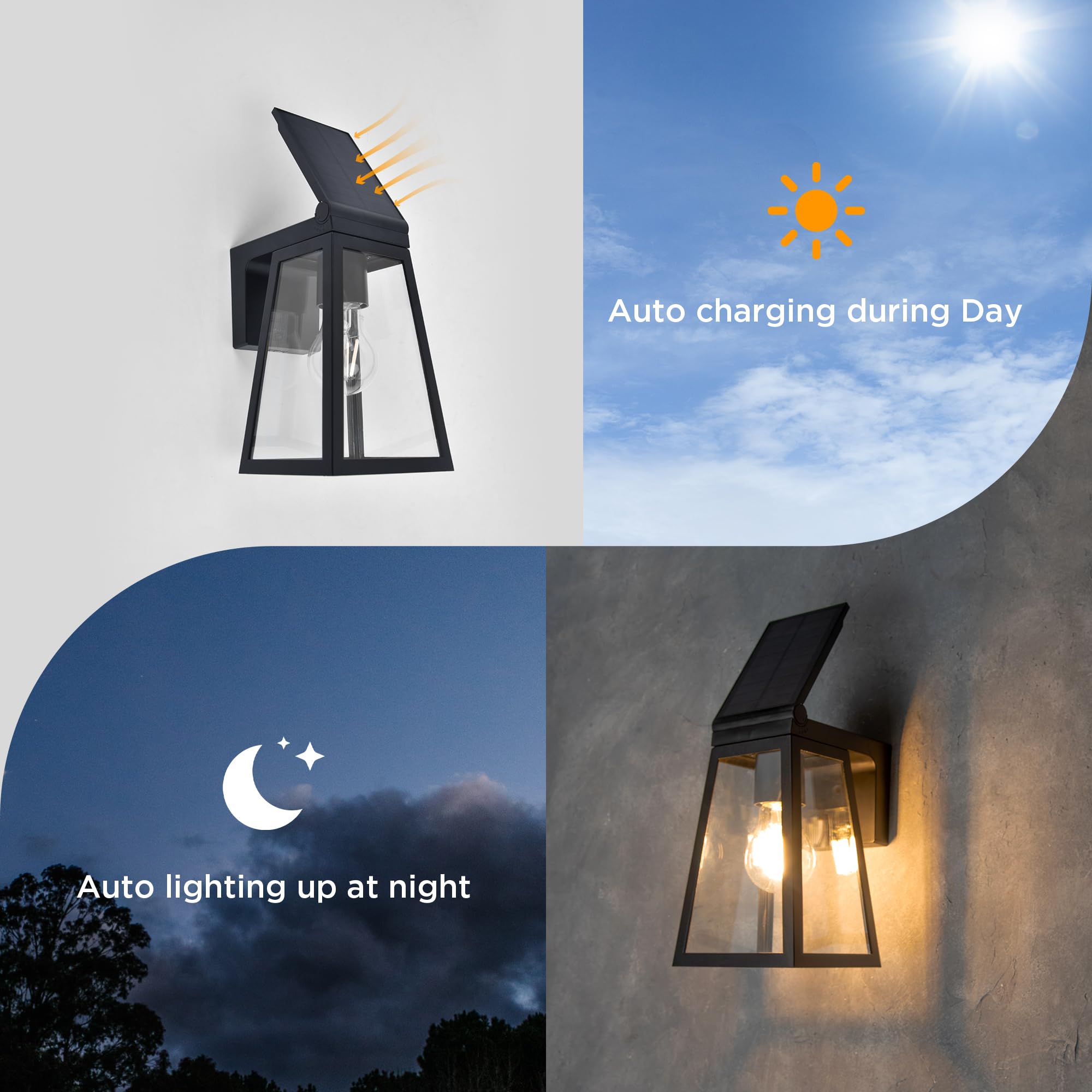 LUTEC Solar Porch Light 2 Pack - Wireless Dusk to Dawn Black Wall Sconce with Adjustable Panel, Waterproof Exterior Lighting