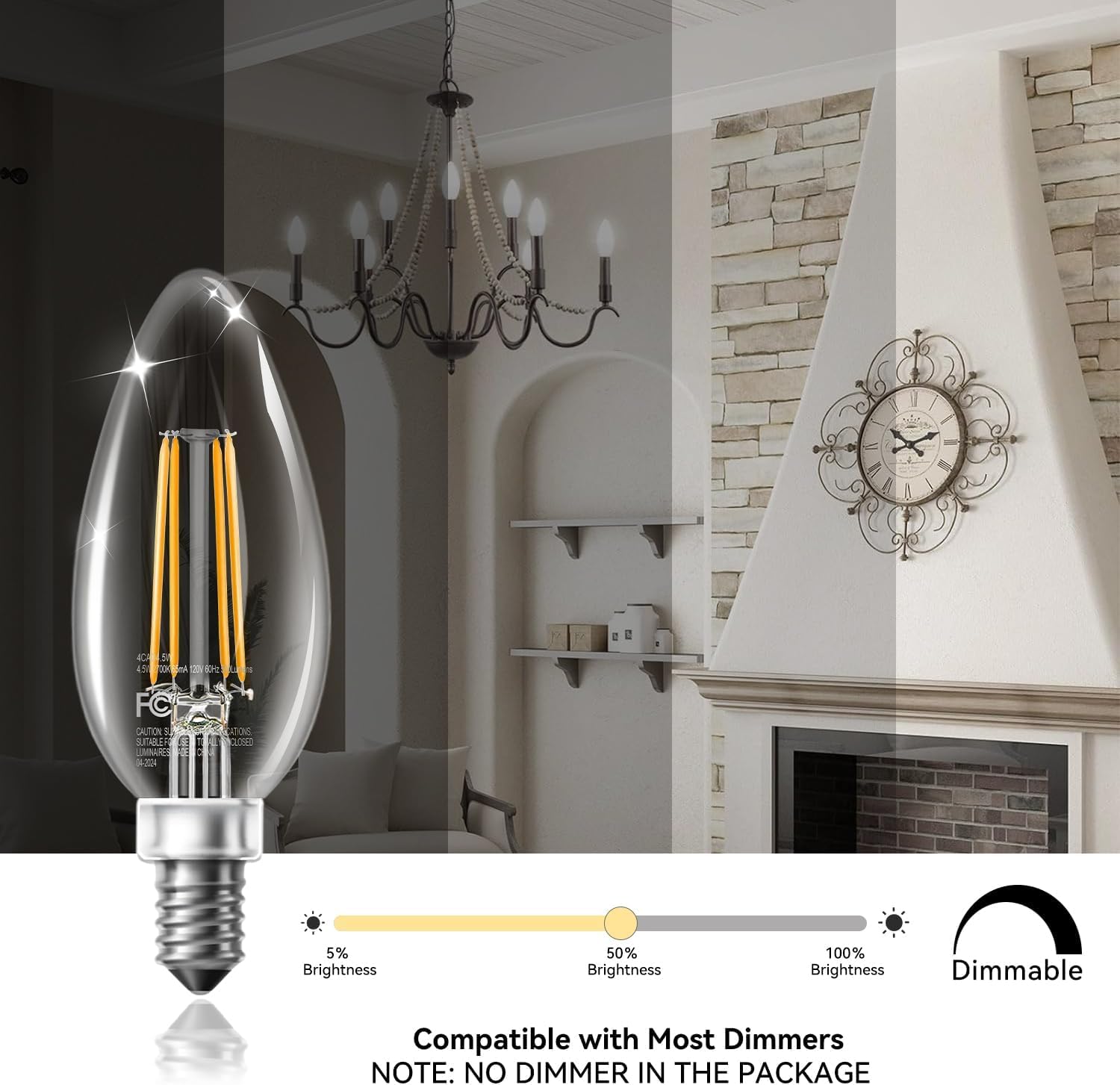 TJOY LED Candelabra Bulbs, Dimmable 4.5W B11 Vintage Glass, 2700K Warm White, E12 Base, 6 Pack