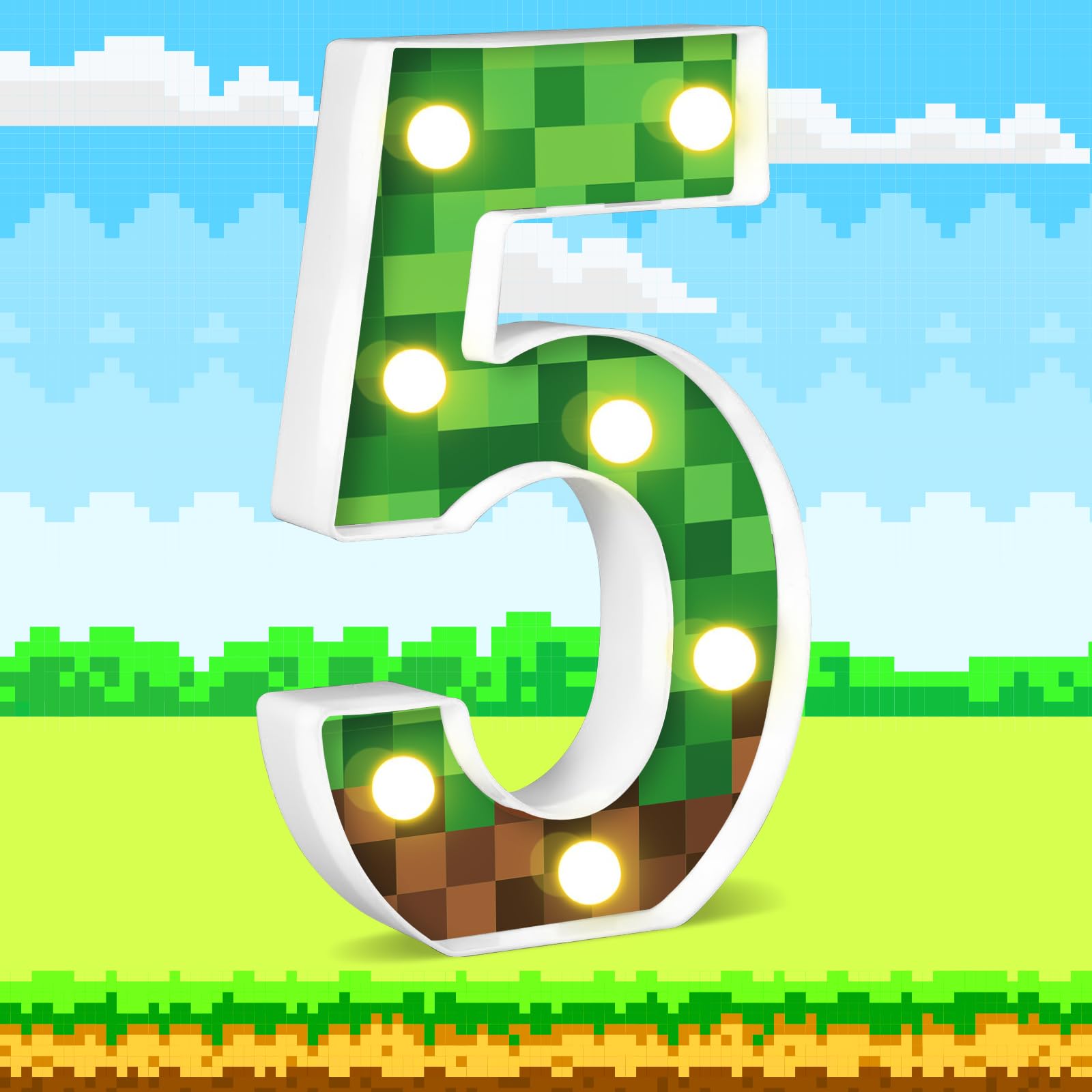 AXBMM 8.5in Pixel Game Light Up Sign, Number 5, Green/Brown, LED, PP Plastic, Birthday Decorations, Game Theme Party Supplies
