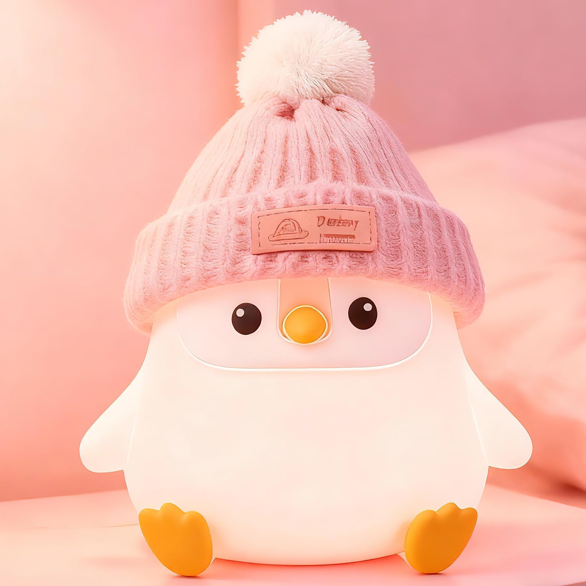 Famiduo Penguin Silicone Night Light  Cute Pink Penguin Lamp With Knitted Hat  Soft Nursery Nightlight  Usb Rechargeable/Dimmable Led Squishy Novelty Animal Bedside Lamp Funny Gifts For Kids/Girls