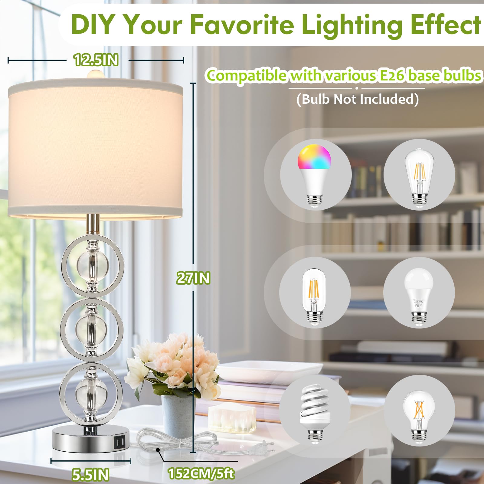 Set Of 2 Modern Silver Table Lamps With 2 Usb Charging Ports, 27 Tall Crystal Bedside Nightstand Lamp With White Fabric Shade, G