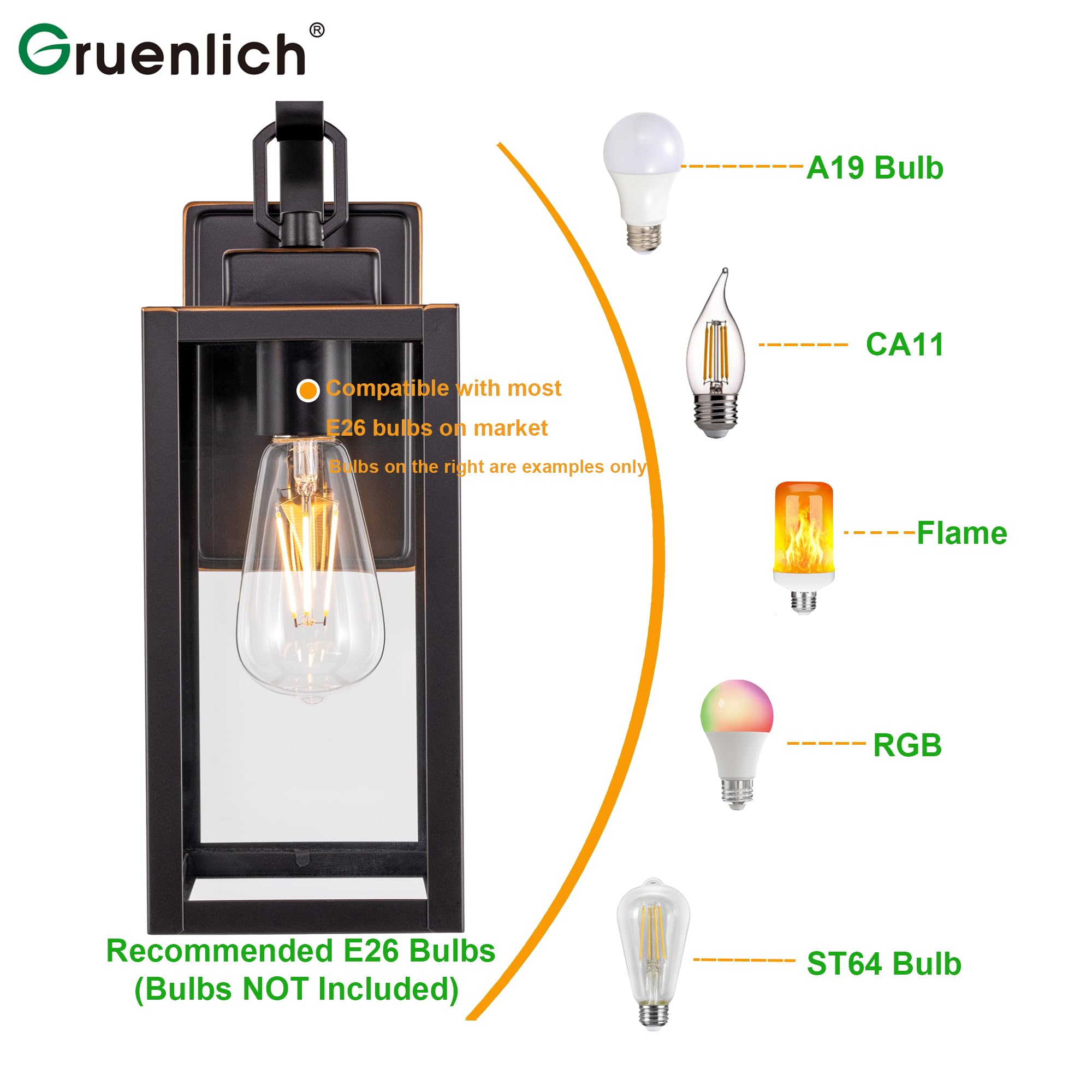 Gruenlich Outdoor Wall Lantern, LED Sconce, Metal Housing, Oil-Rubbed Bronze, E26 Base, Max 60W, Model GR-WL004-ORB
