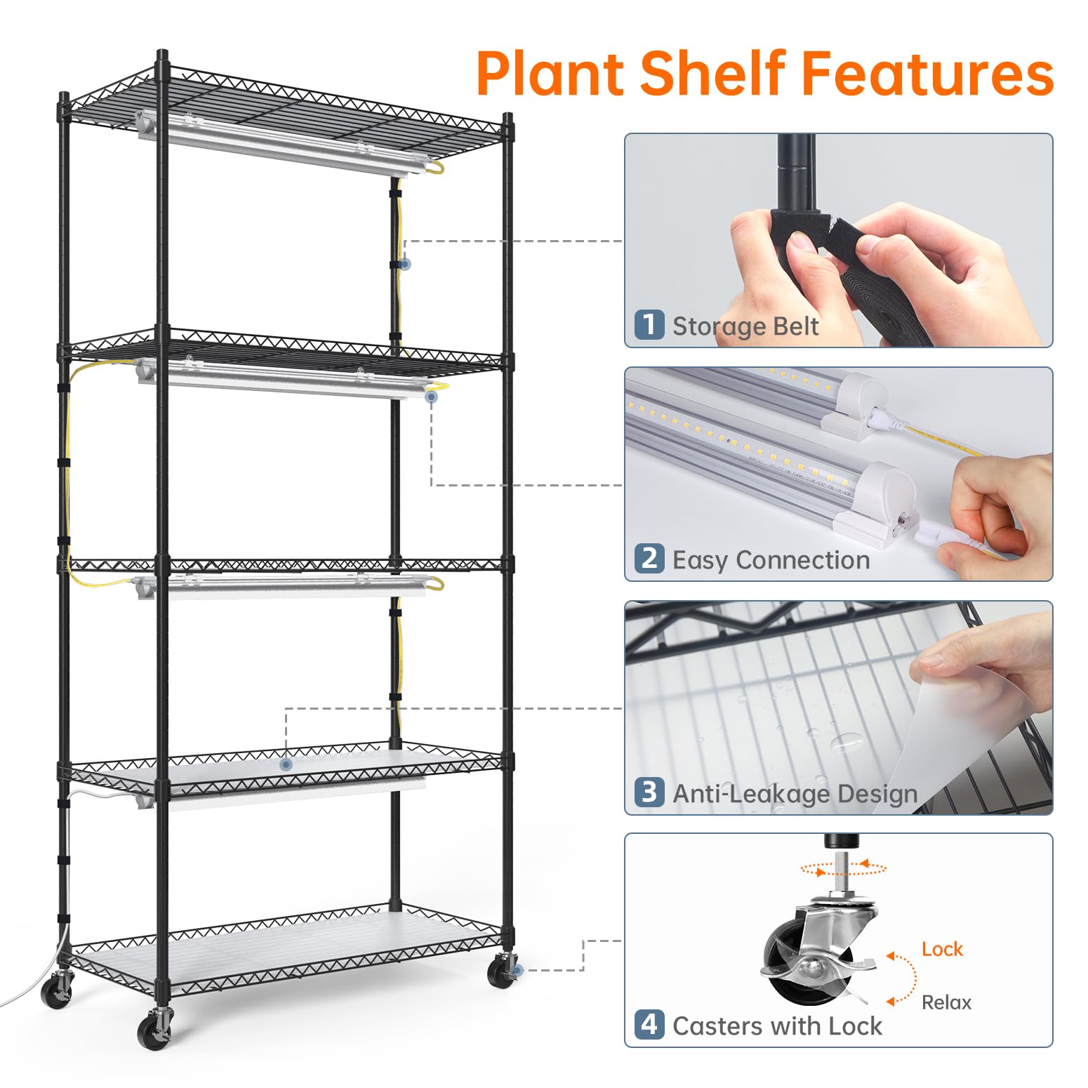 Bstrip 5-Tier Plant Shelf with Grow Lights, 5000K LED, Metal, White, 29.5x13.8x59IN, Model INW55660T652