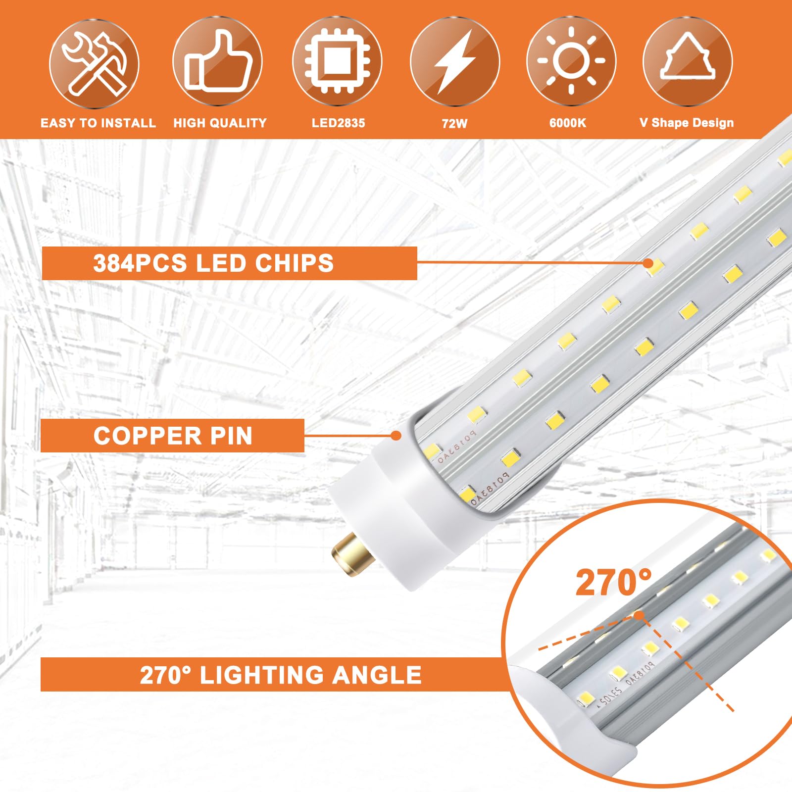 ONLYLUX 8ft LED Shop Light Bulbs, 72W 6000K, 10000lm, V Shape FA8, Pack of 12, Clear Cover
