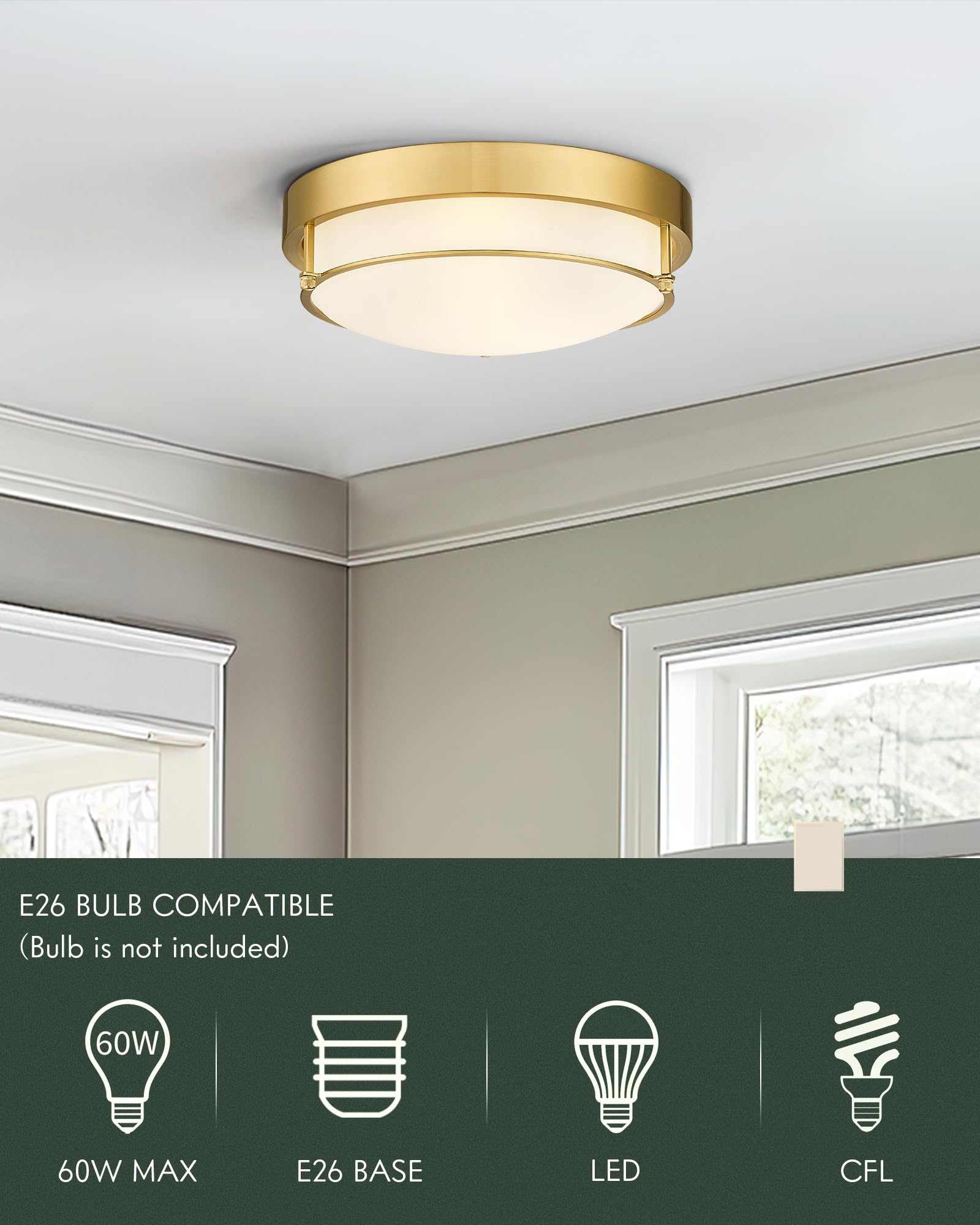 Cargifak 12 Inch Flush Mount Light Fixture, 2-Light Polished Gold Ceiling Light for Hallway, Kitchen, Bedroom - Model CKCL4822-2W-PG