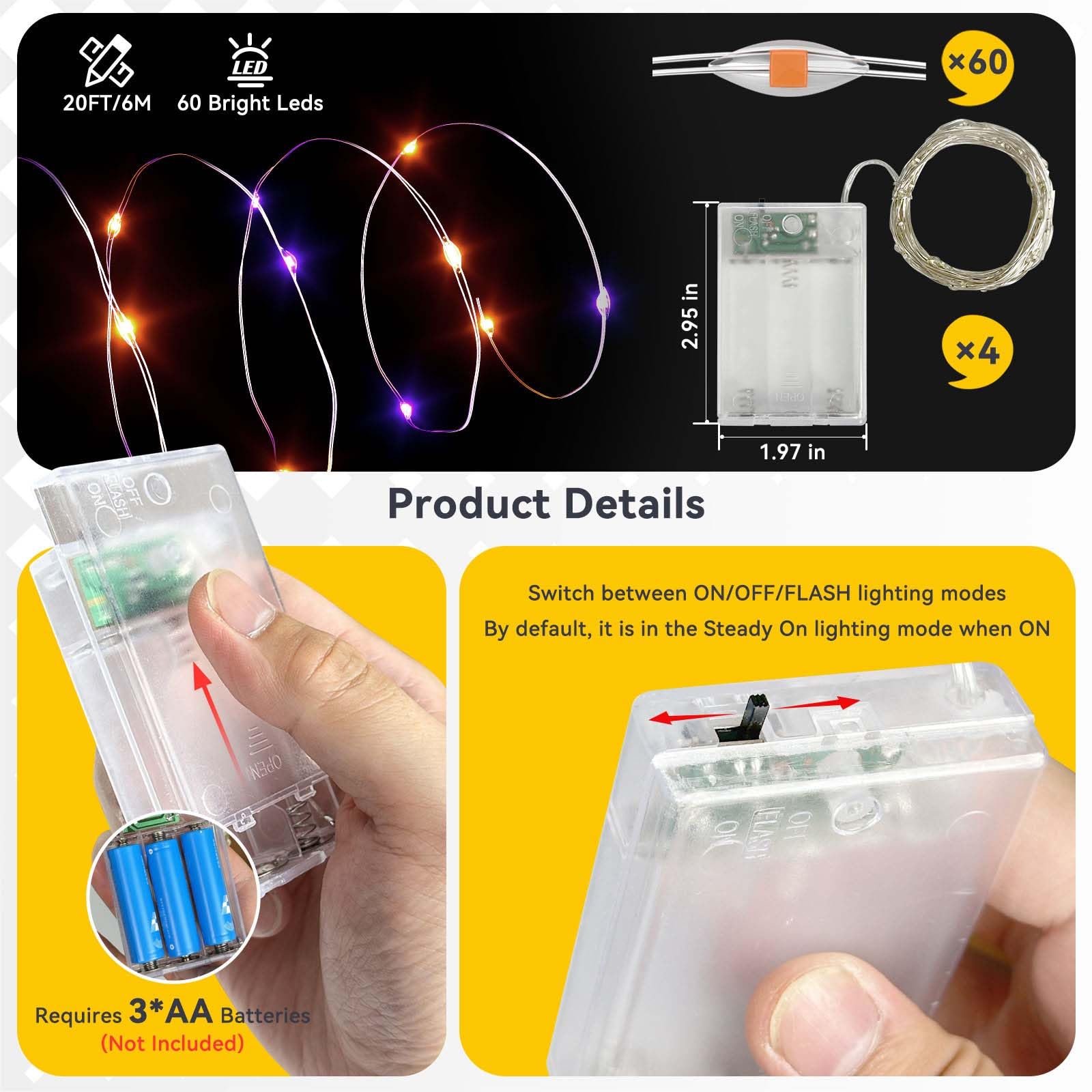 LitHome 4 Pack 240 LED Fairy Lights - Battery Operated, 20FT, Waterproof, Twinkle Lights, Purple & Orange