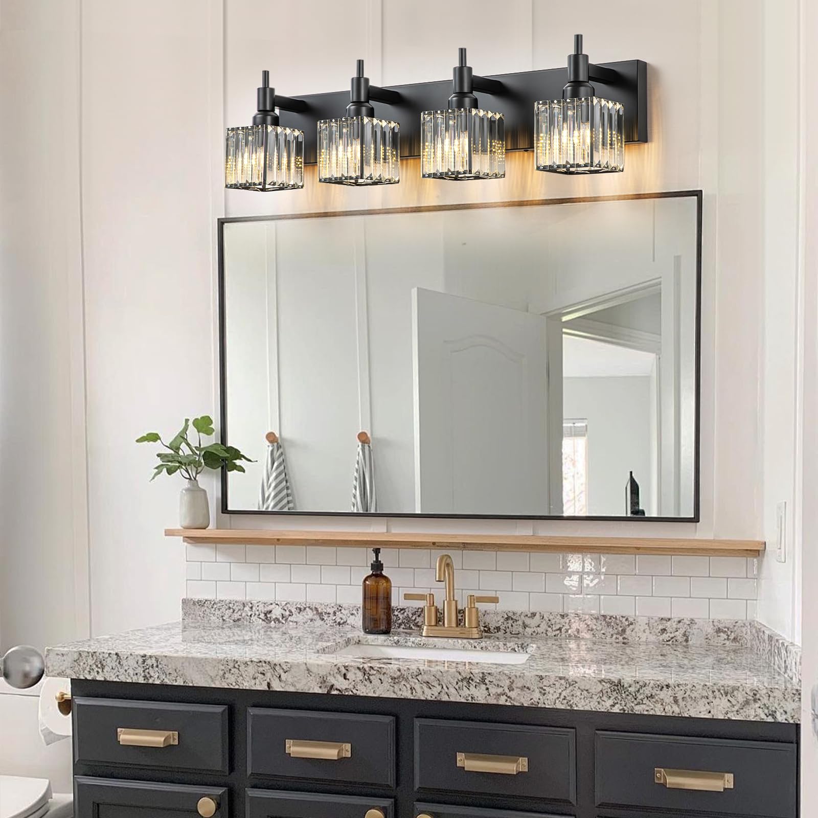 HUOKU 4-Light Bathroom Vanity Light Black Metal Crystal Wall Sconce Square Shade Model HK-BCL001