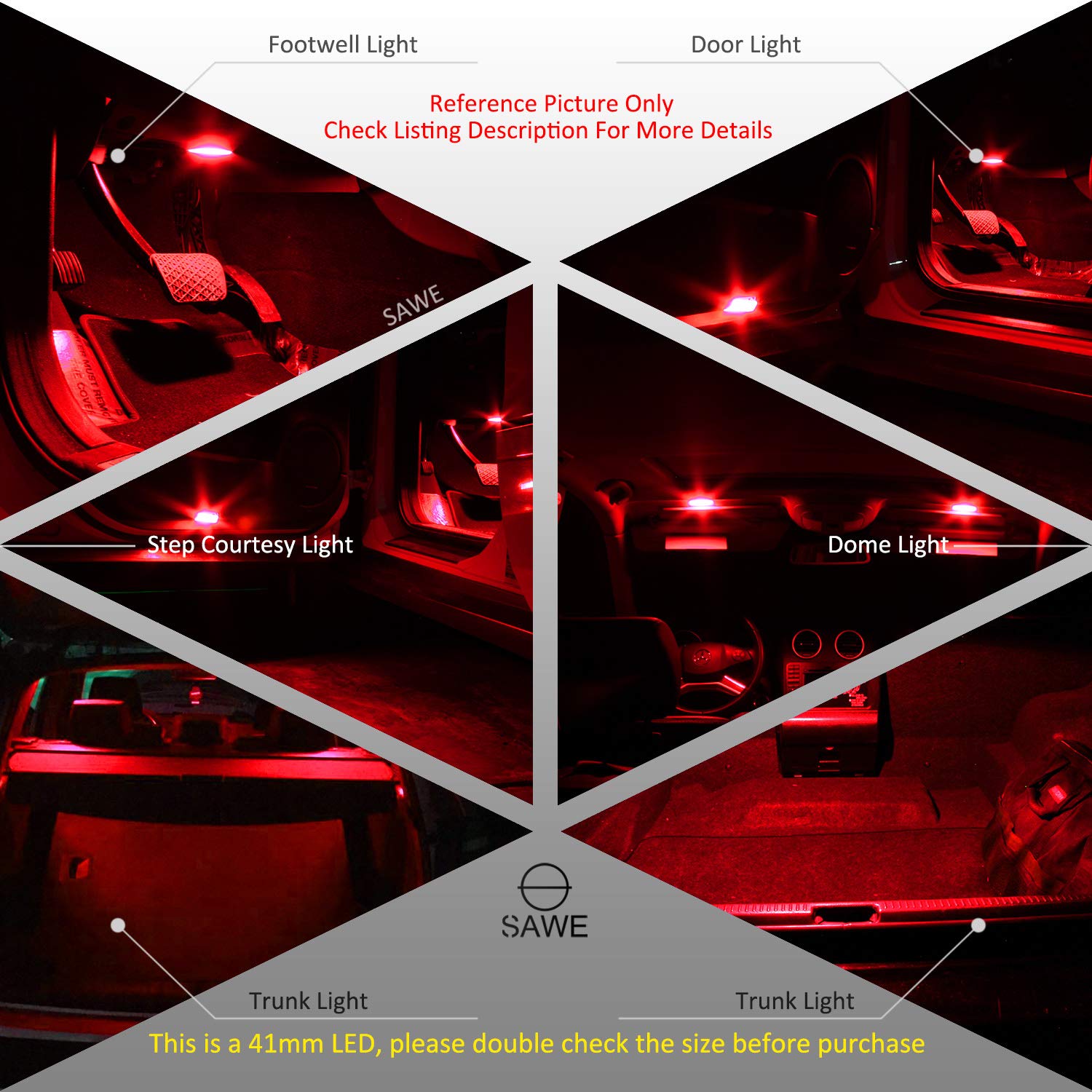 SAWE Festoon LED Bulbs 1.72in 6-SMD 5050 for Dome Map Light, Pack of 4, Red