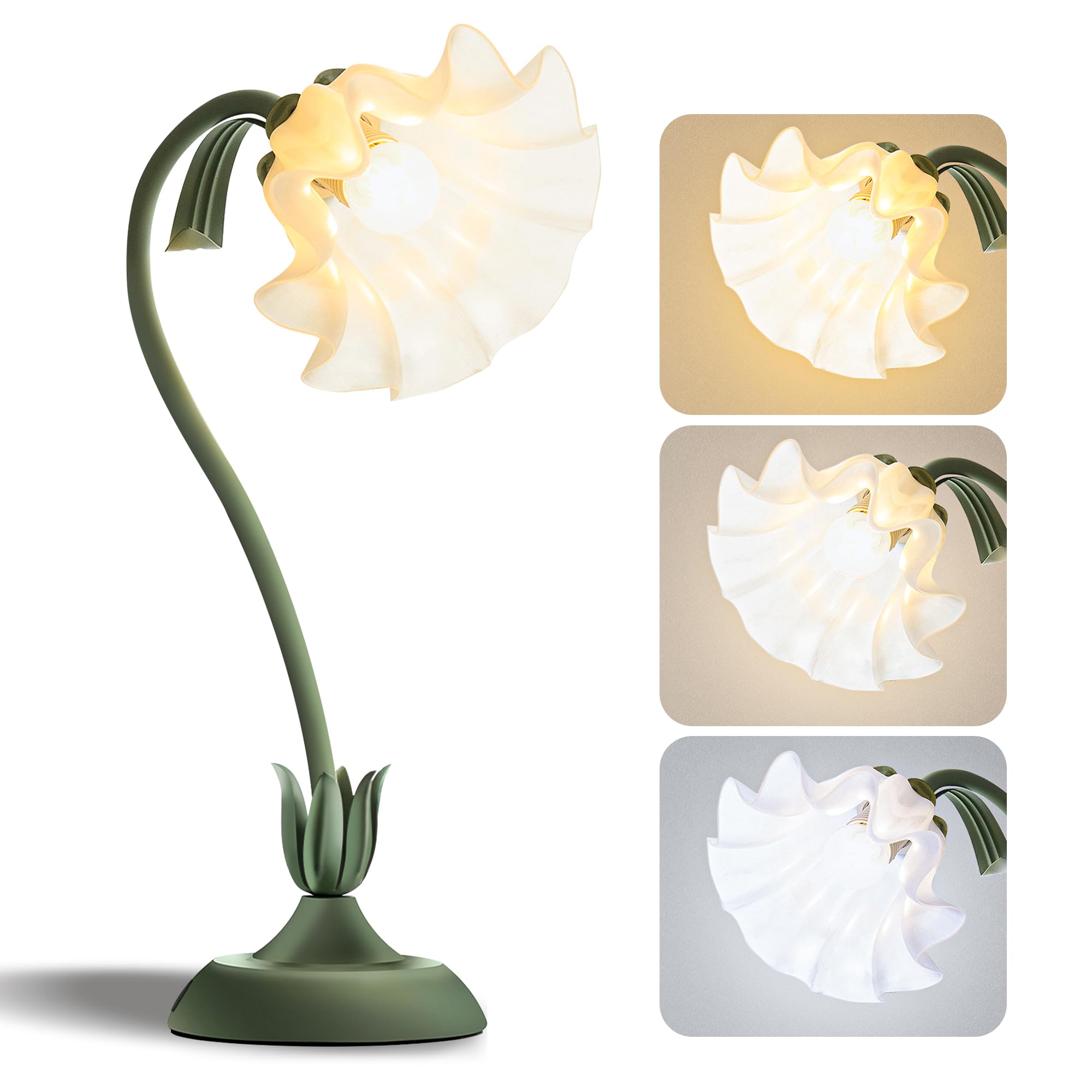 WULCFCH Flower Table Lamp LED Reading Light, Vintage Design, Acrylic, Green, Model huadeng-1, Cute Small Nightstand Lamp for Home Decor