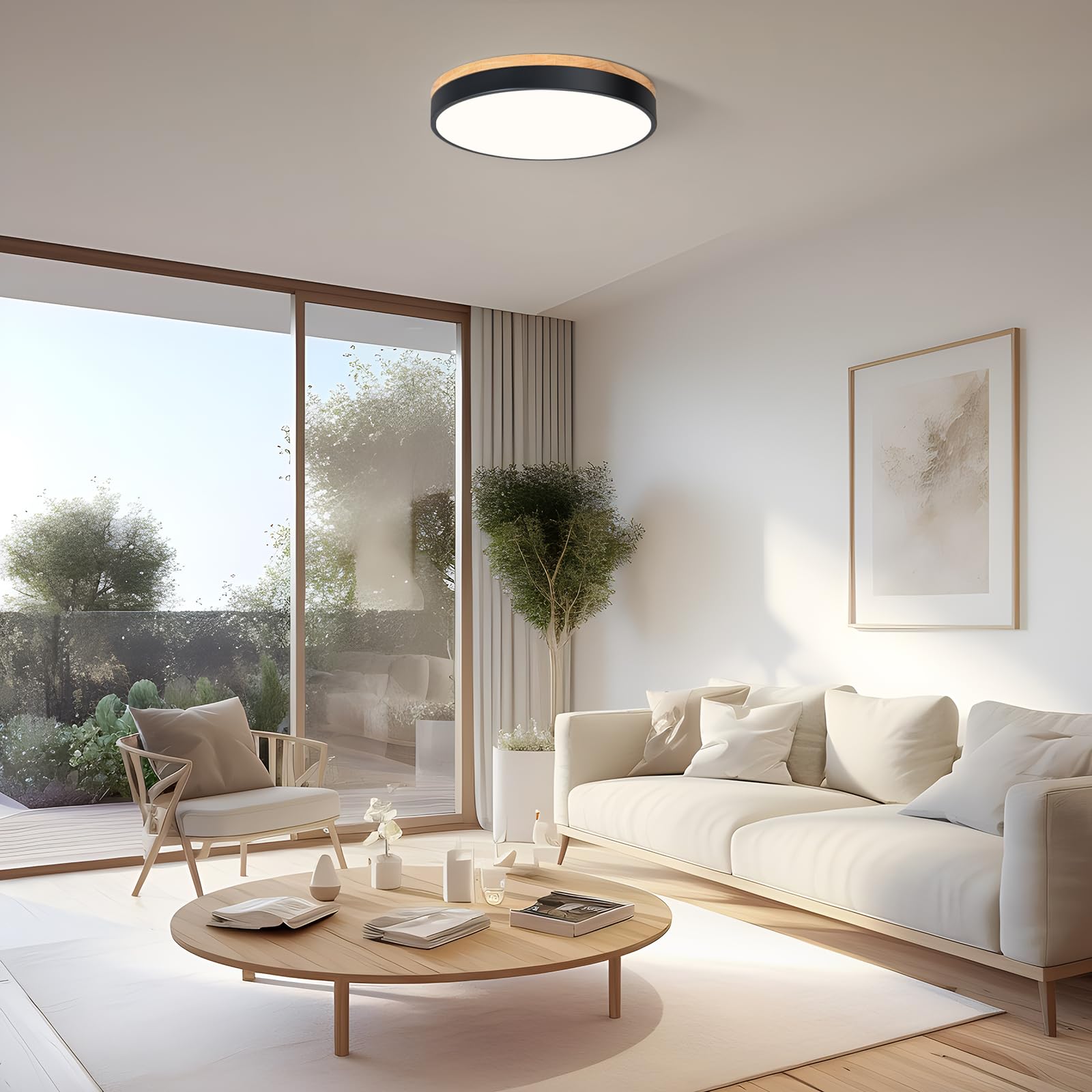 Zuyurt Wood Led Ceiling Light, Modern Black Flush Mount Ceiling Light, Minimalist Close To Ceiling Light Fixture For Bedroom, Li