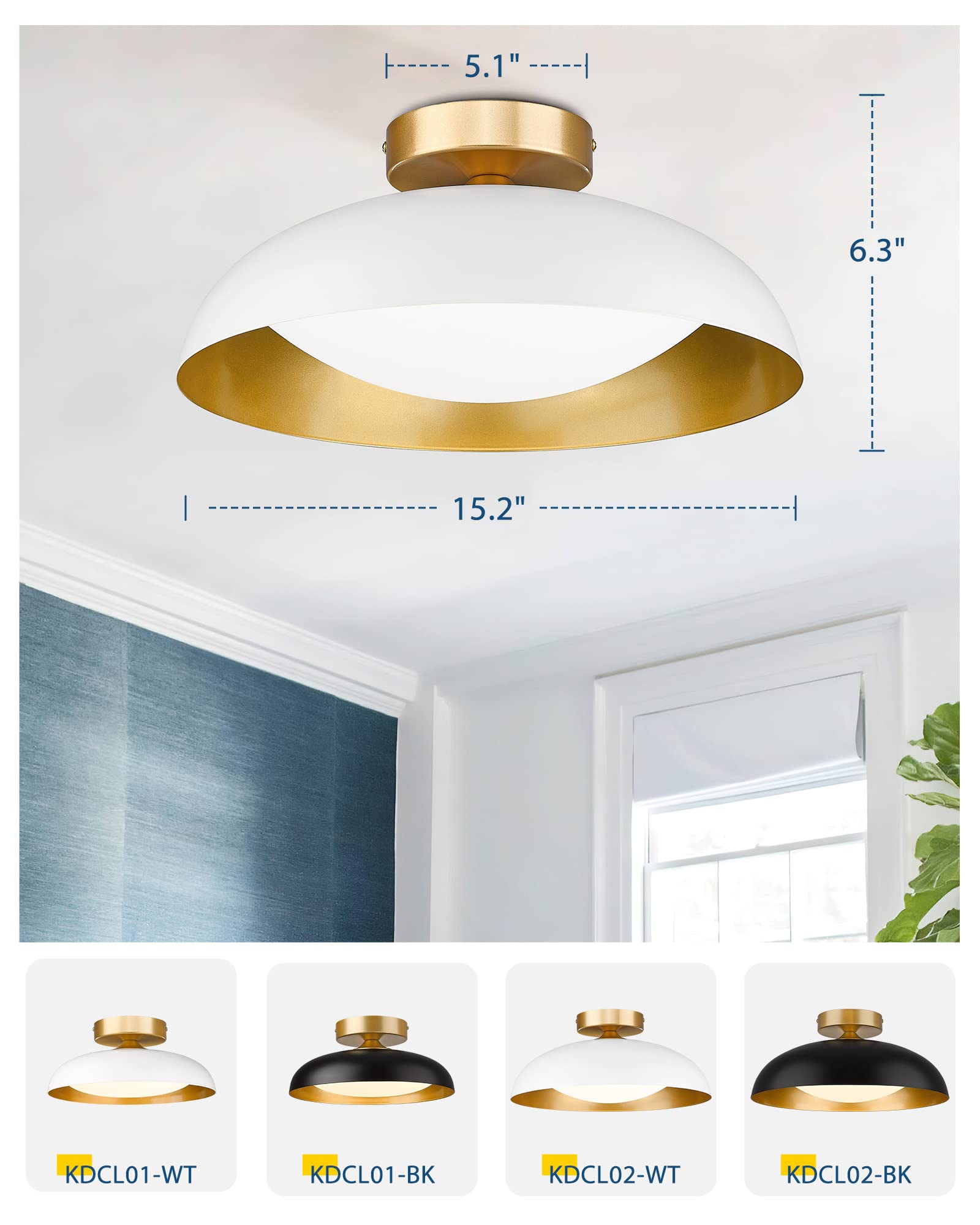 Kudos Led Flush Mount Ceiling Light, 2 Pack 16 Inch Ceiling Lights, 24W 2400Lm White And Gold Flush Mount Light Fixtures For Kitchen, Hallway, Bathroom, 5Cct Adjustable, Kdcl02-Wt-2Pk