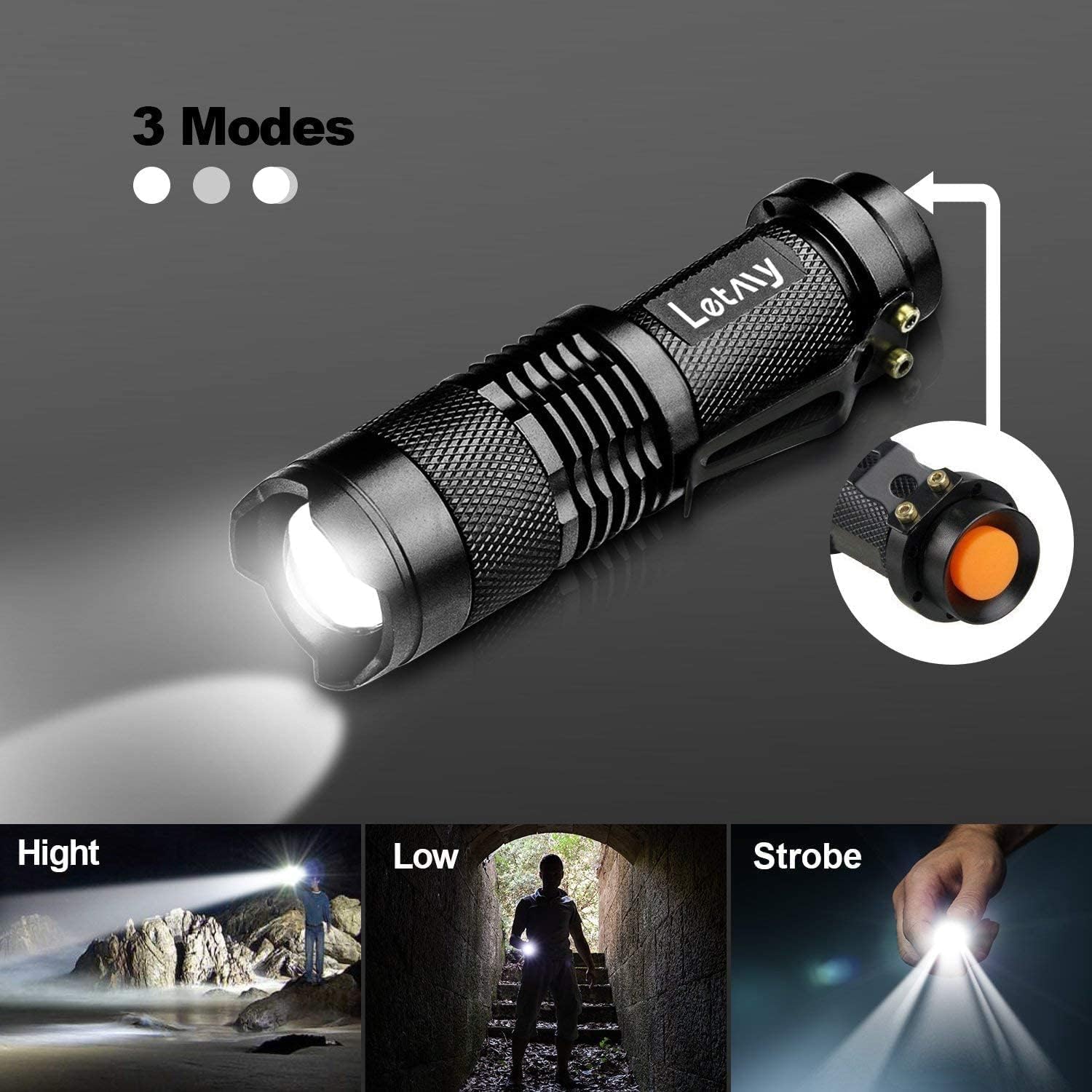 LETMY Tactical Flashlight - Super Bright LED, Waterproof, Zoomable, 3 Modes, 2 Pack, Aluminum, Clear - Ideal for Hiking, Camping, Emergencies