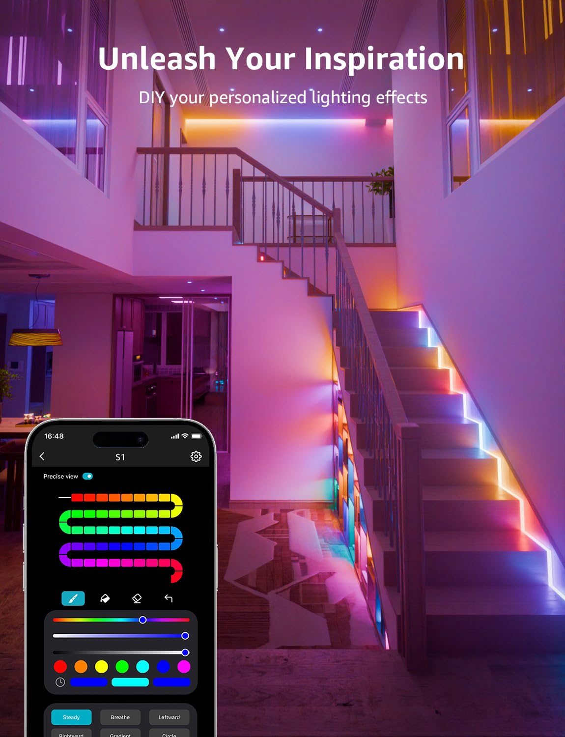 Lepro S1 Ai Led Strip Lights For Bedroom - 50Ft Smart Rgb Light Strips With Ic And Rainbow Chasing Effects, Color Segment Diy, A