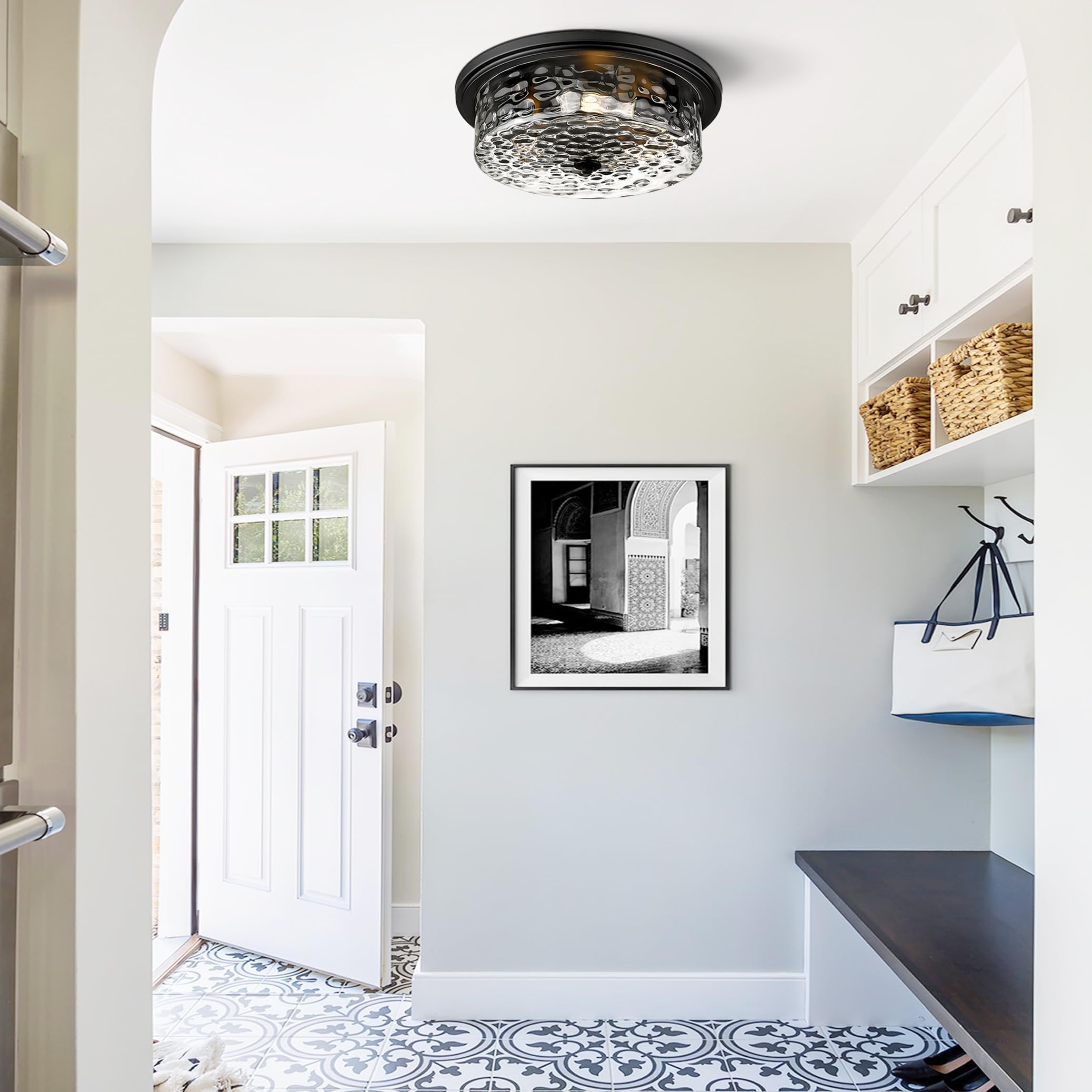 Odeums 16&quot; Black Industrial Flush Mount Ceiling Light, 3-Light Fixture For Kitchen & Living Room