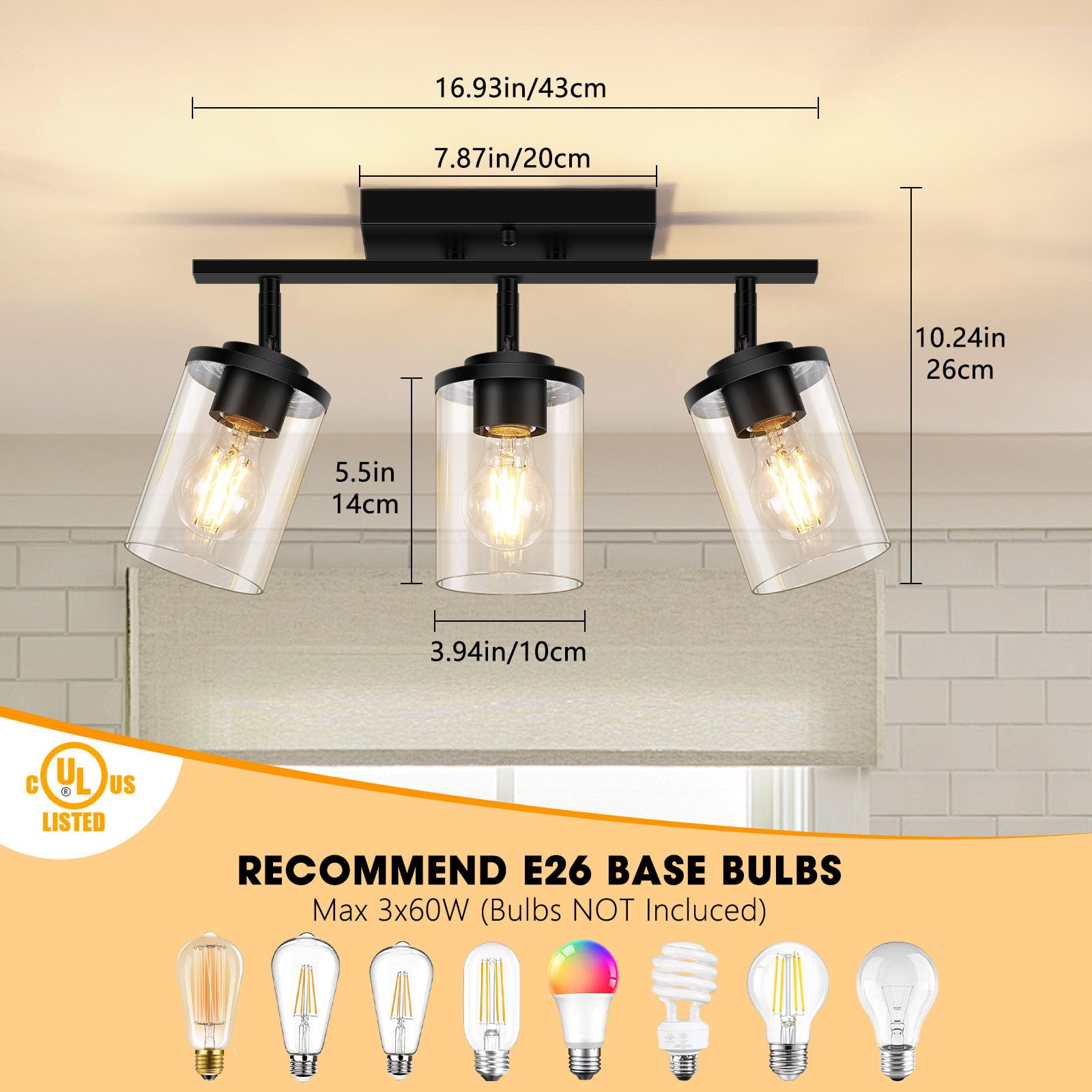 Fadimikoo 3-Lights Semi Flush Mount Ceiling Light  Adjustable Kitchen Light Fixtures Ceiling Mount With Clear Glass Shades  Rotatable Black Track Lighting Fixtures For Hallway  Foyer  Bedroom