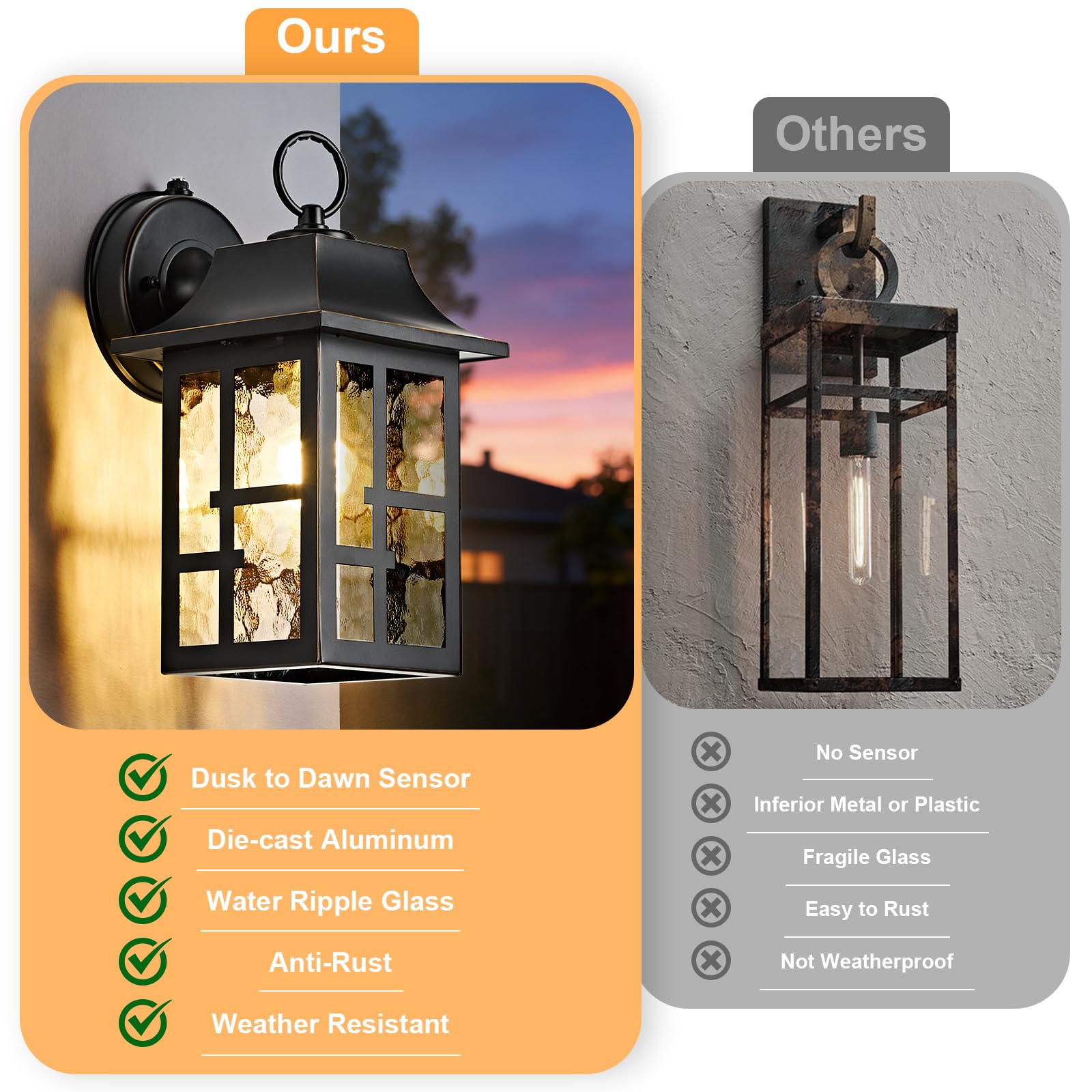 OKELI 2-Pack Outdoor Wall Lights, Aluminum Porch Light, Dusk to Dawn with Ripple Glass, Black & Gold-Trim, 11.4" Sconce, Model OK100-M2