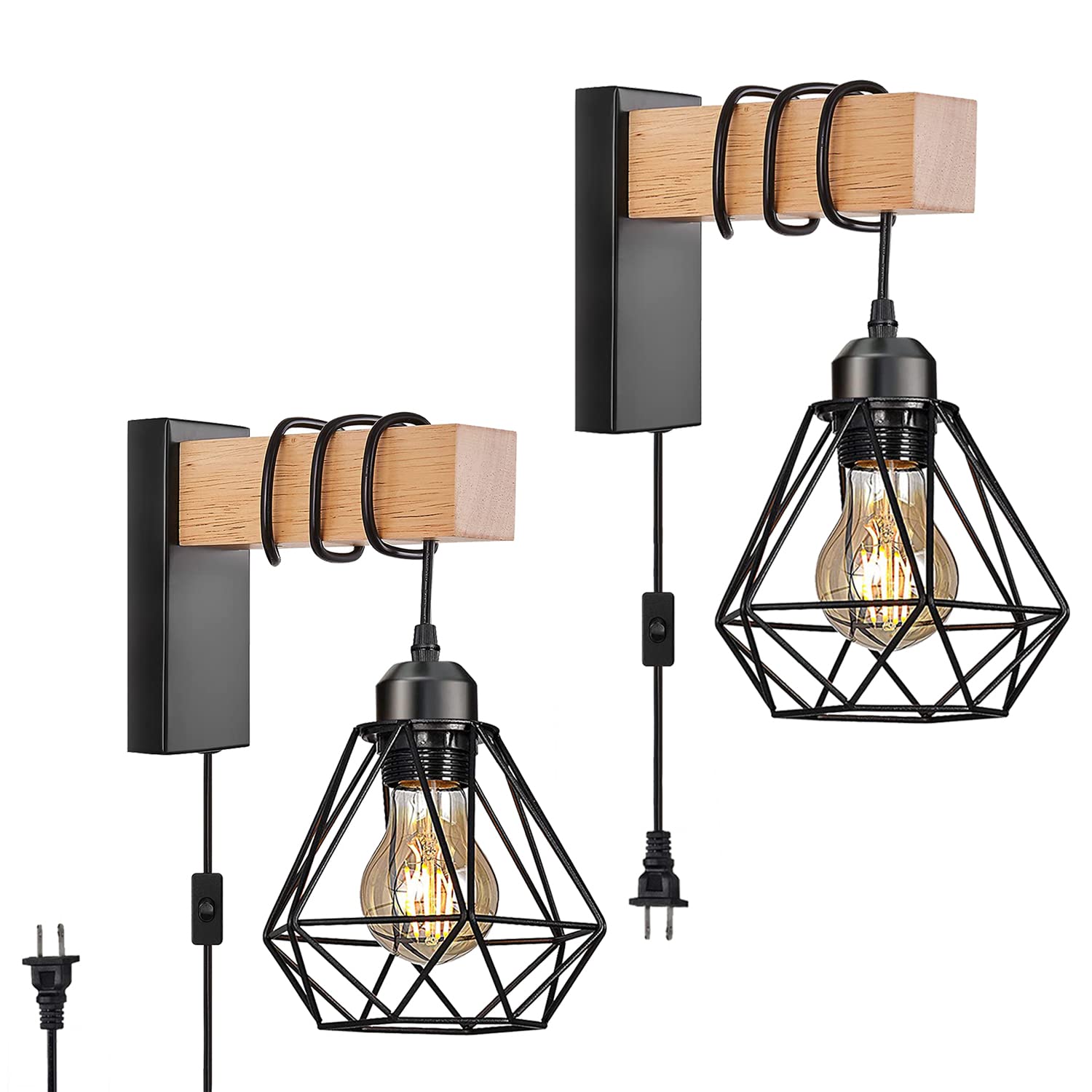 Plug in Wall Sconces Set of Two,Farmhouse Wall Mounted Lights with Plug in Cord,Black Rustic Wall Lamp for Bedroom Bedside Livin