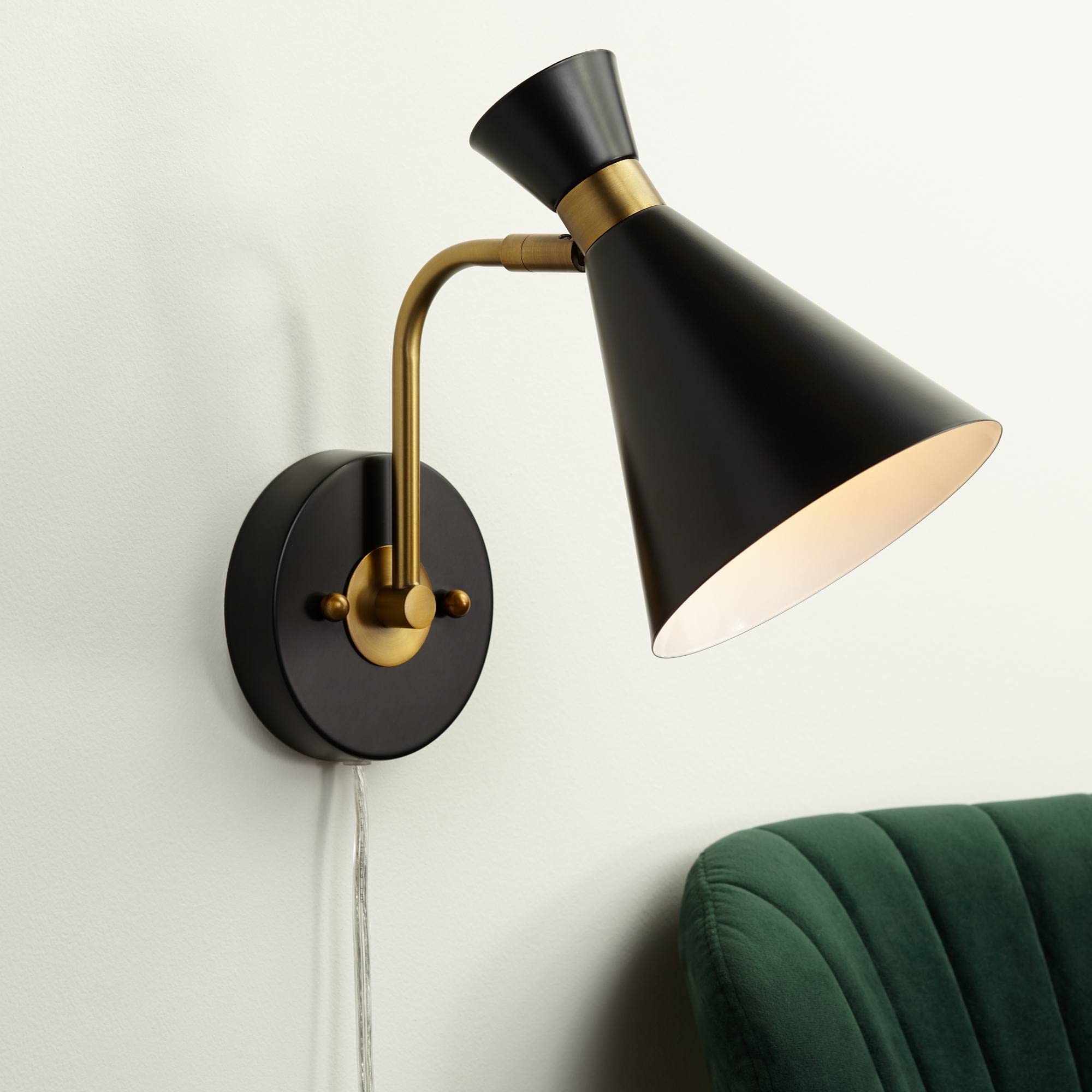 360 Lighting Venice Mid Century Modern Adjustable Wall Lamp Matte Black Antique Brass Plug-in Light Fixture Metal Cone Shade for