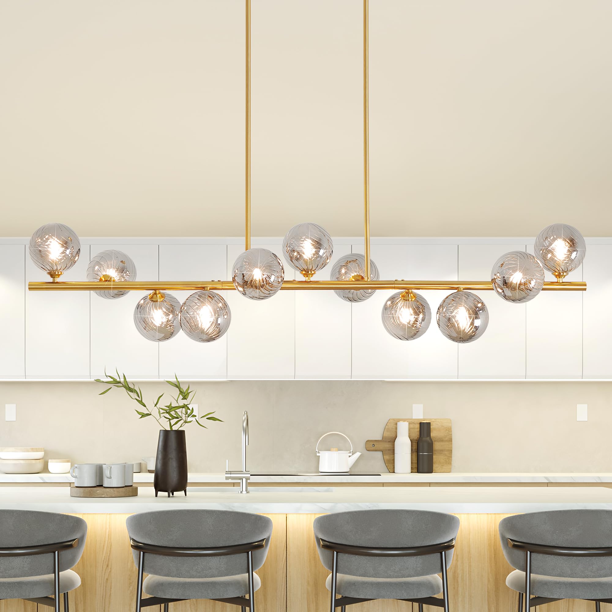 Linear Chandeliers for Dining room  51 Large Dining Room Light Fixture 11 Lights Brass Linear Chandelier with Gray Glass Globe Chandelier Brass Sputnik Chandeliers Pendant island Lights for Kitchen