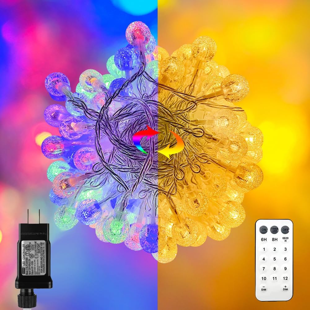 RaThun Multicolor Crystal Globe String Lights Plug in 116 Ft. 200 LED 8 Modes with Remote,Waterproof Fairy String Lights for Ind
