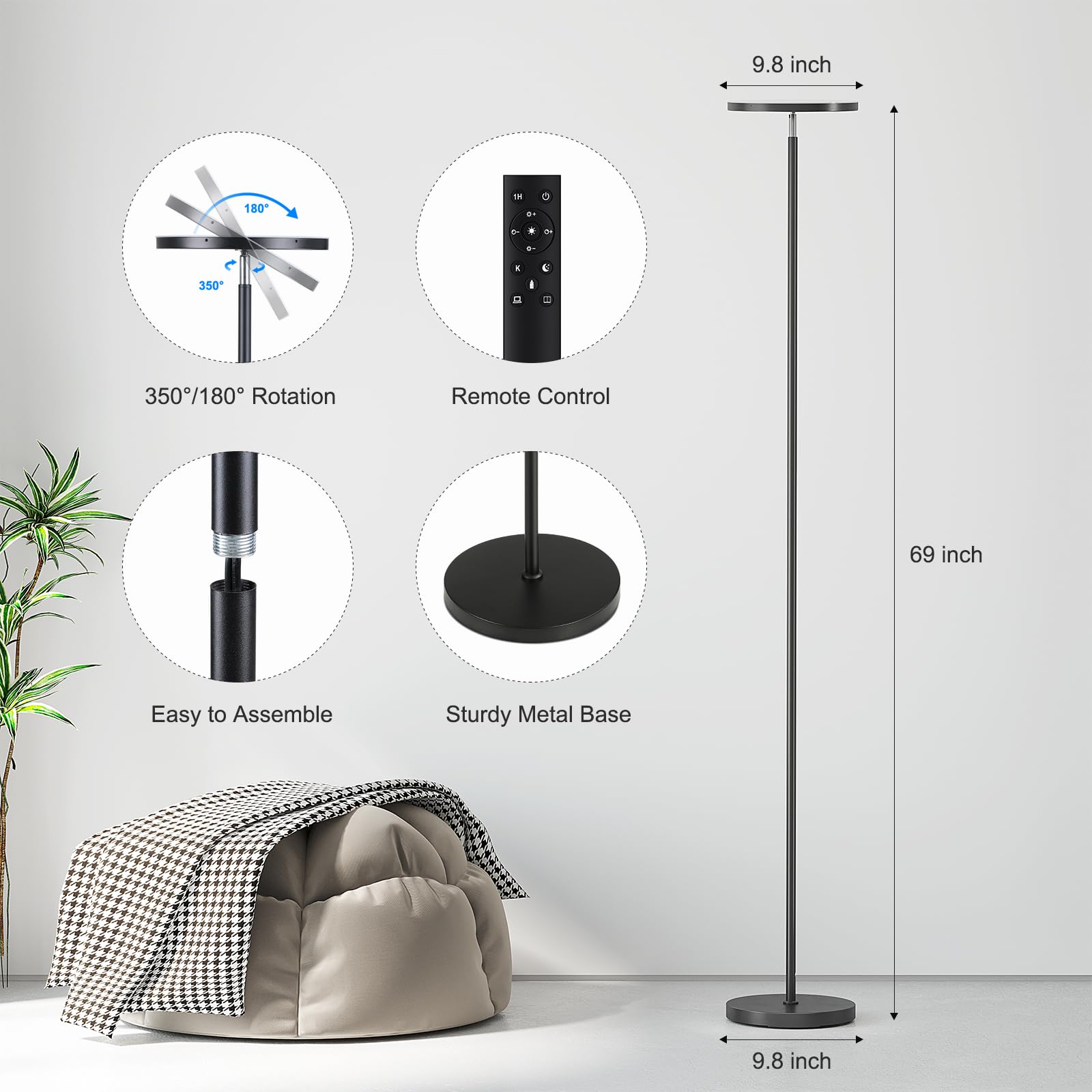Sunmory Floor Lamps For Living Room, 32W/3000Lm Super Bright Led Floor Lamp With Remote Control, 69'' Tall Standing Lamp With St